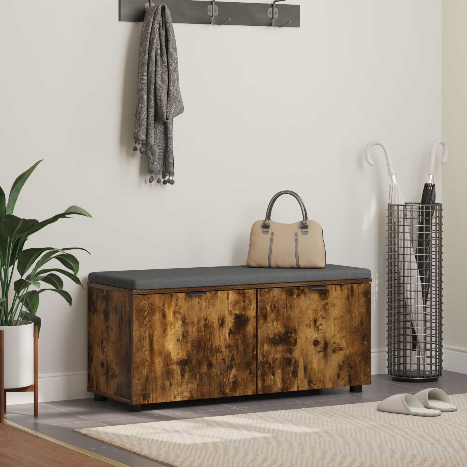 Előtér pad párnával tárolóval füstölt tölgy 100 x 38 x 46 cm