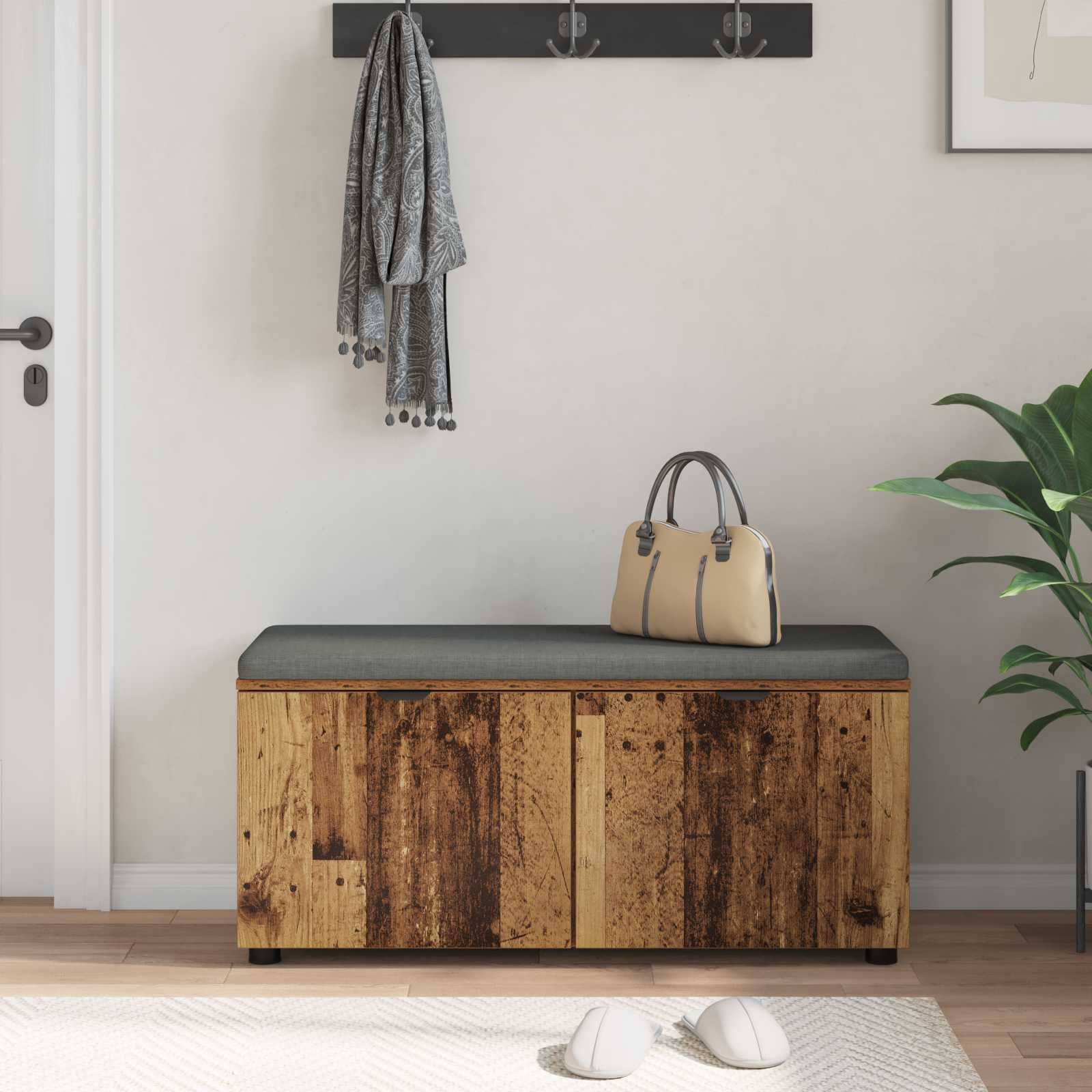 Előtér pad párnával tárolóval ajtóval öreg fa 100 x 38 x 46 cm