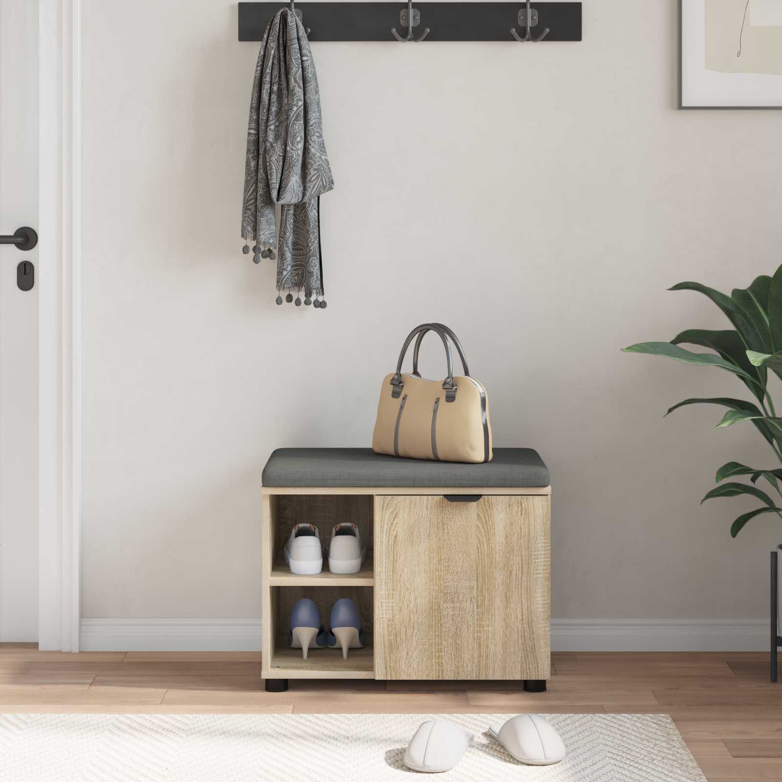 Előtér pad párnával egyszínű sonoma tölgy 60 x 38 x 46 cm