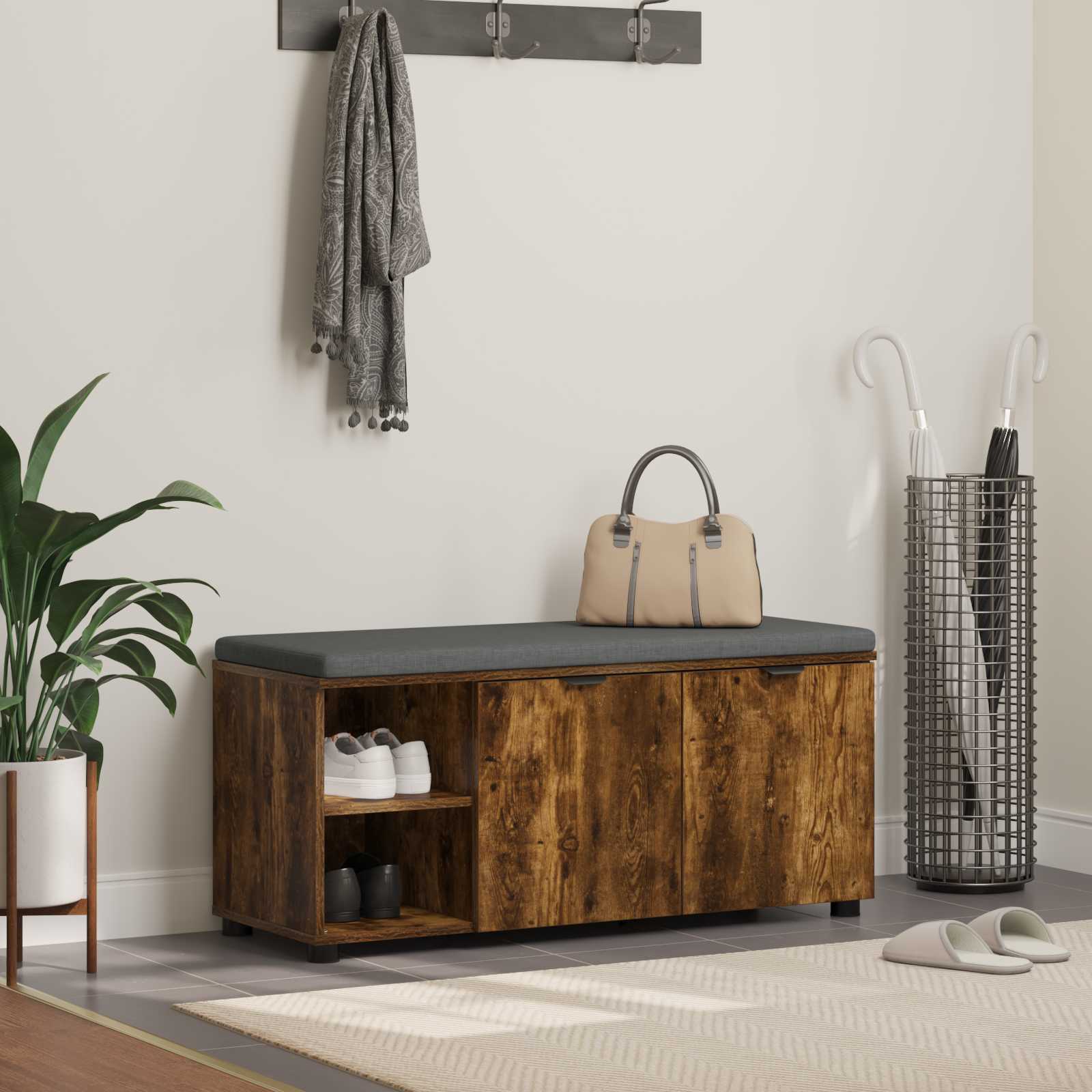 Előtér pad párnával egyszínű füstölt tölgy 100 x 38 x 46 cm