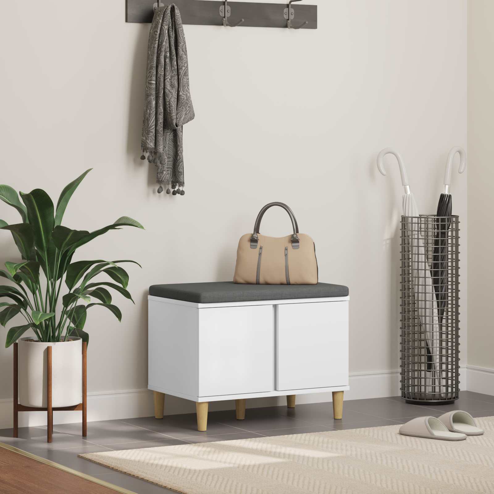 Előtér pad párnával tárolóval ajtóval fehér 60 x 38 x 46 cm