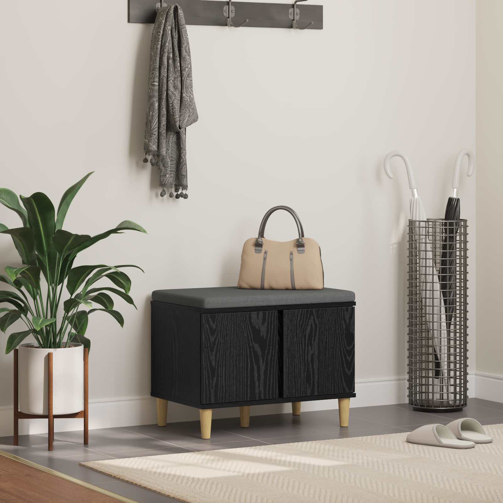 Előtér pad párnával tárolóval fekete tölgy 60 x 38 x 46 cm