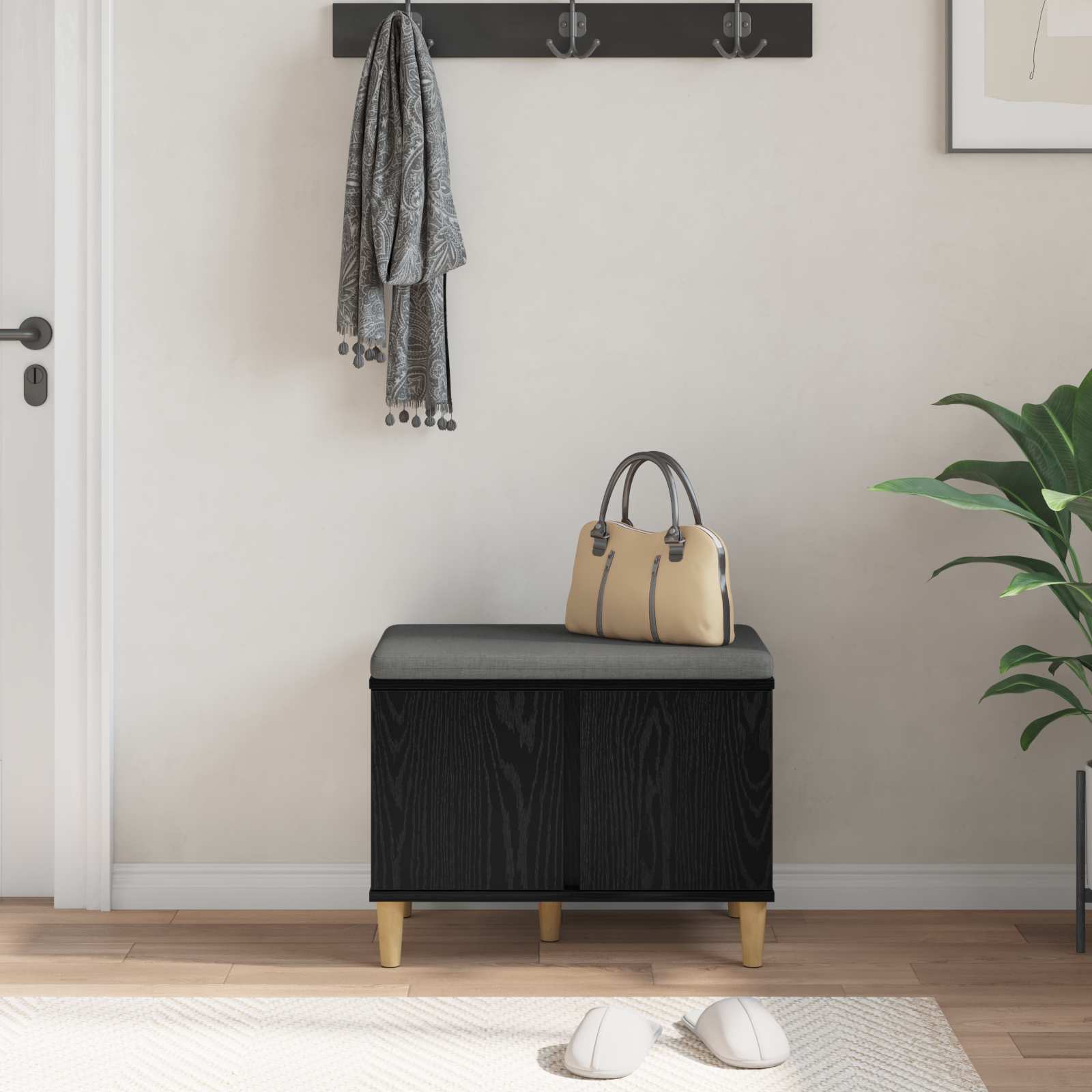 Előtér pad párnával tárolóval fekete tölgy 60 x 38 x 46 cm