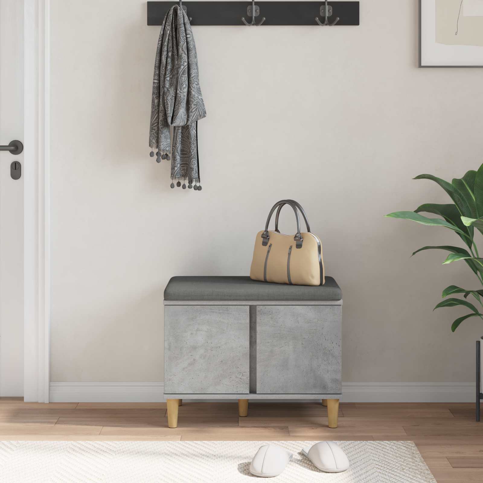 Előtér pad párnával tárolóval beton szürke 60 x 38 x 46 cm