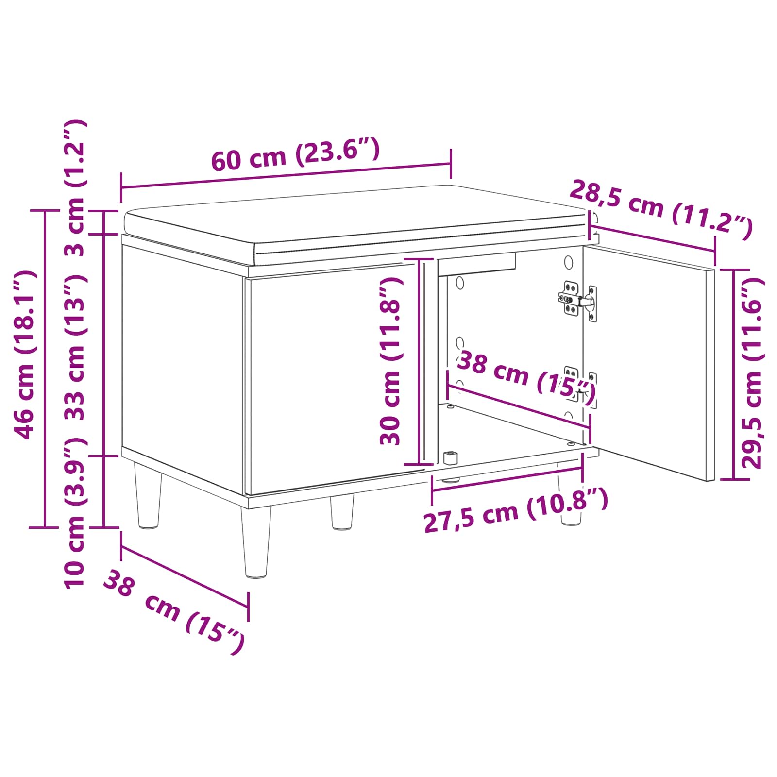 Előtér pad párnával tárolóval beton szürke 60 x 38 x 46 cm