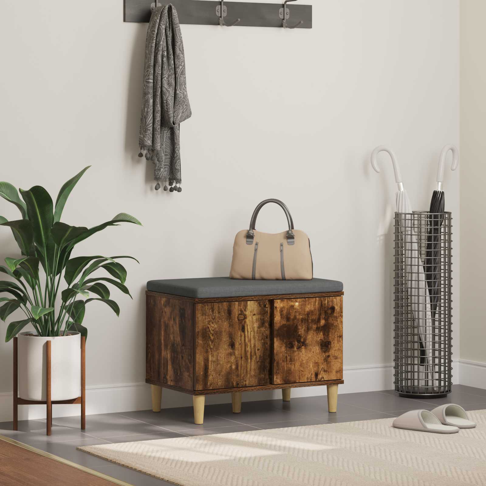 Előtér pad párnával tárolóval füstölt tölgy 60 x 38 x 46 cm