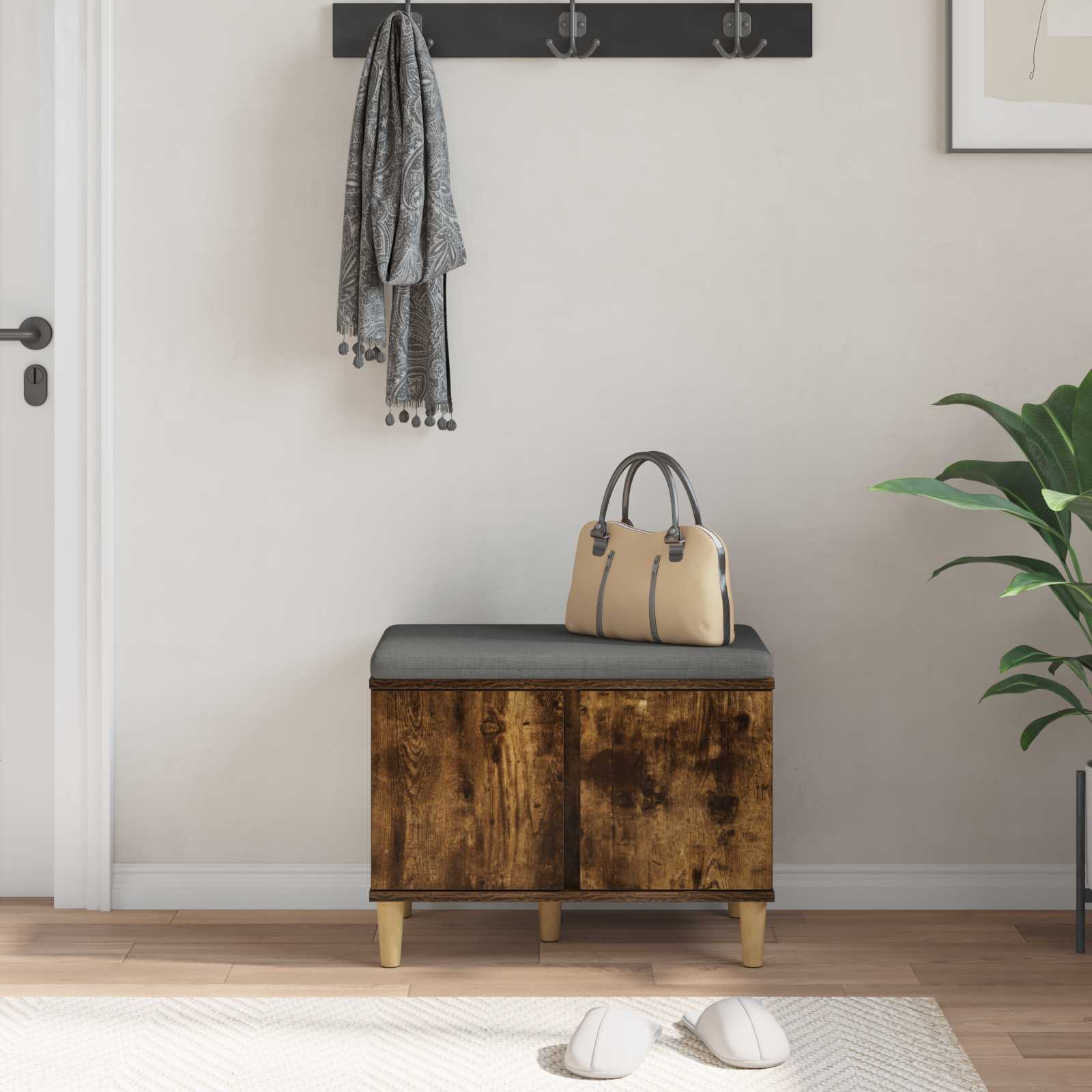 Előtér pad párnával tárolóval füstölt tölgy 60 x 38 x 46 cm