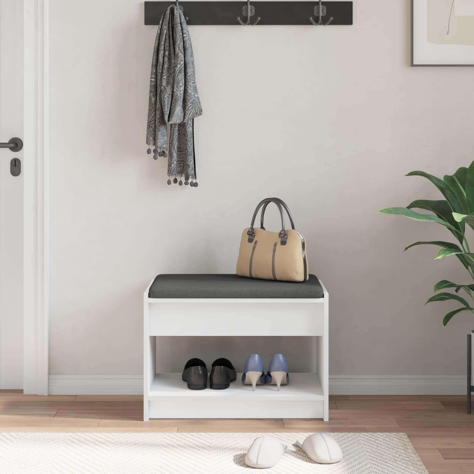 Előtér pad párnával fehér 63 x 38 x 45 cm műanyag fa és szövet