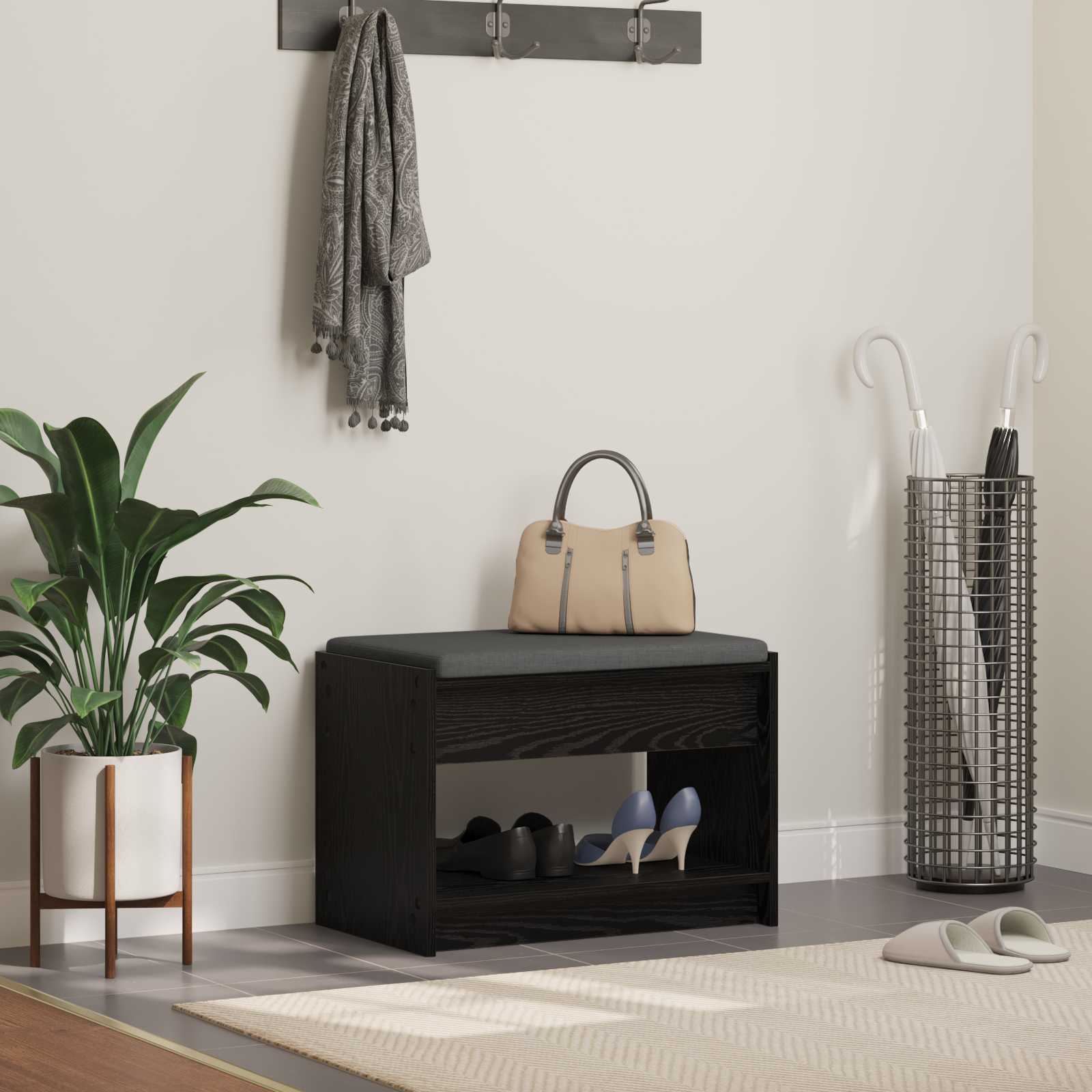 Előtér pad fekete tölgy 63 x 38 x 45 cm műanyag fa és szövet