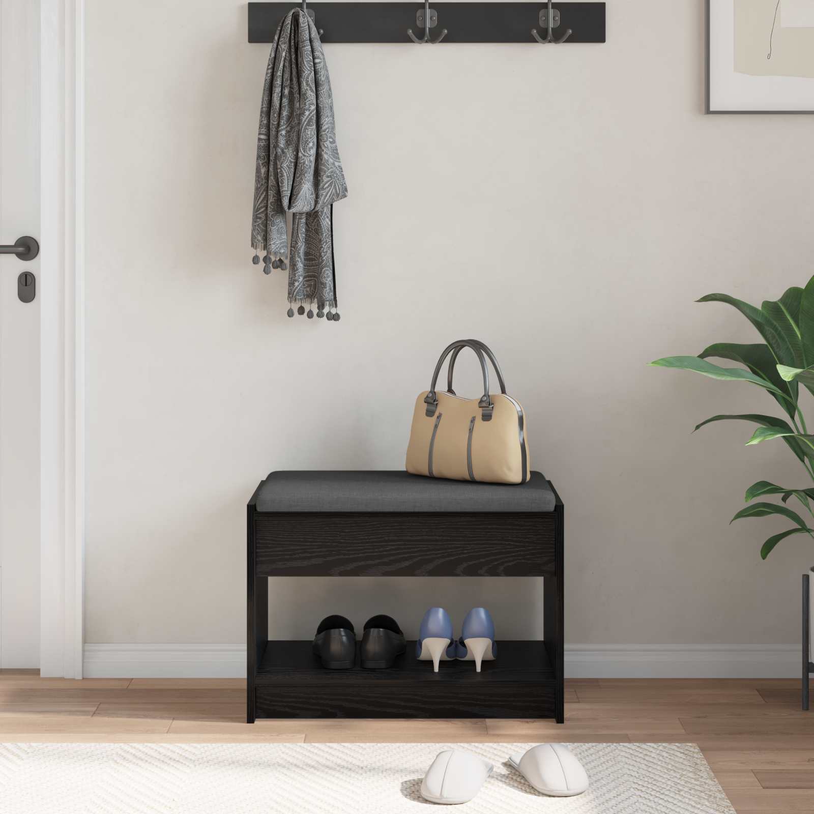 Előtér pad fekete tölgy 63 x 38 x 45 cm műanyag fa és szövet