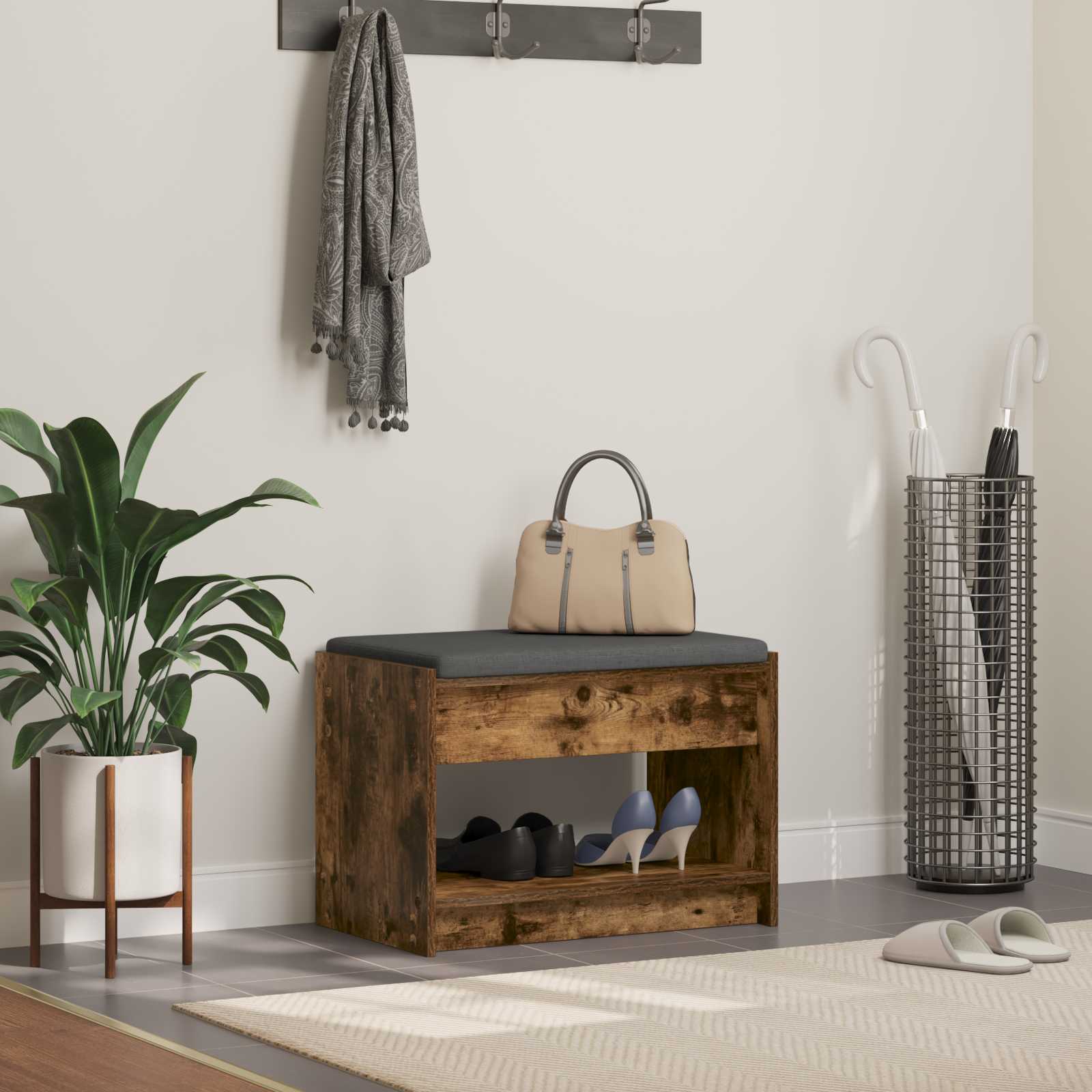 Előtér pad füstölt tölgy 63 x 38 x 45 cm műanyag fa és szövet