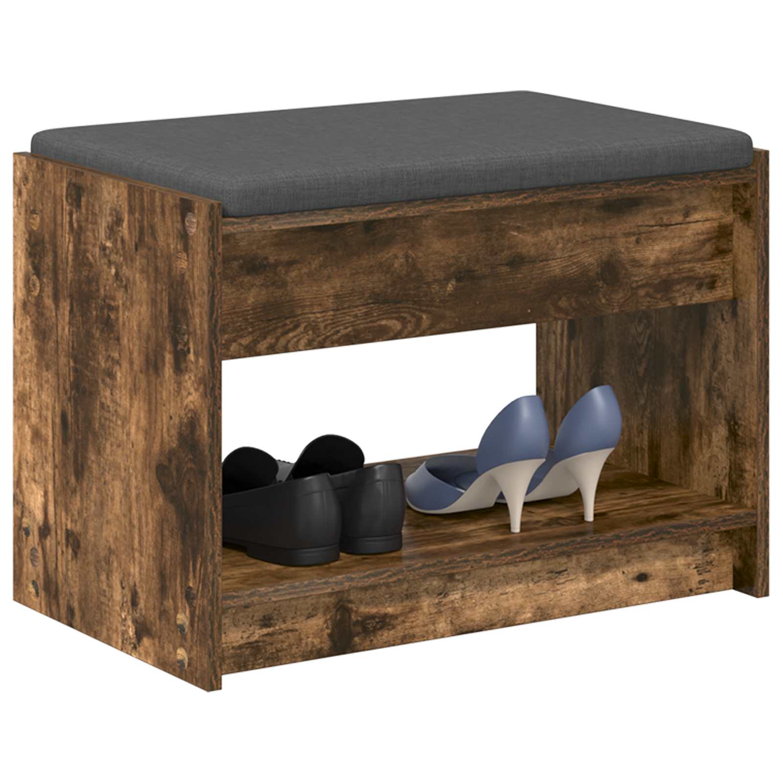 Előtér pad füstölt tölgy 63 x 38 x 45 cm műanyag fa és szövet