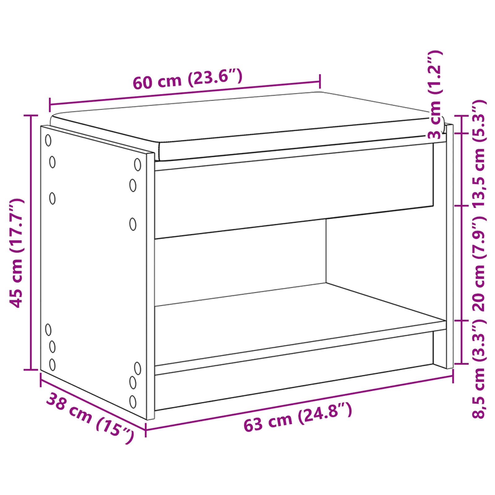 Előtér pad füstölt tölgy 63 x 38 x 45 cm műanyag fa és szövet