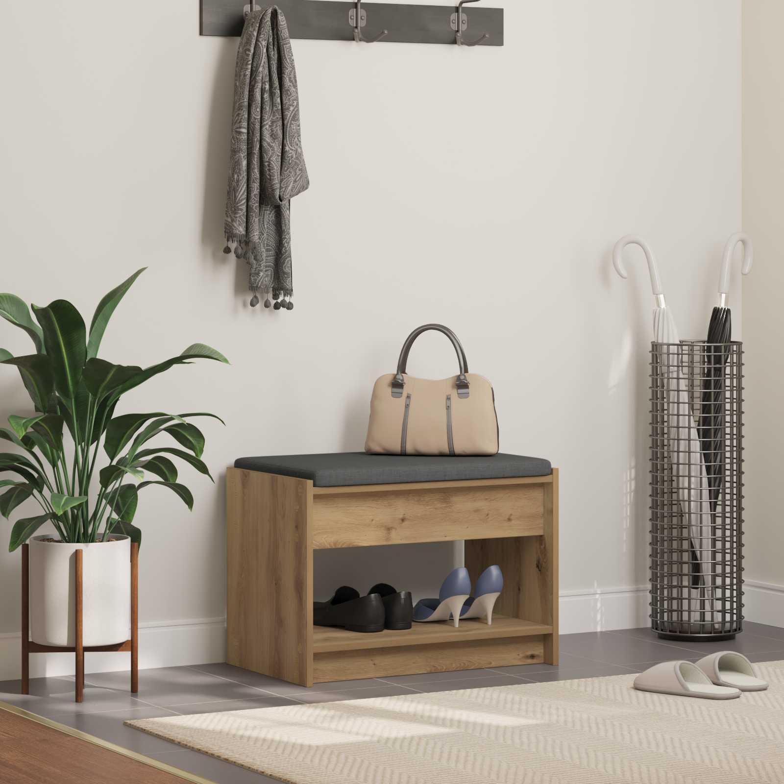 Előtér pad kézműves tölgy 63 x 38 x 45 cm műanyag fa és szövet