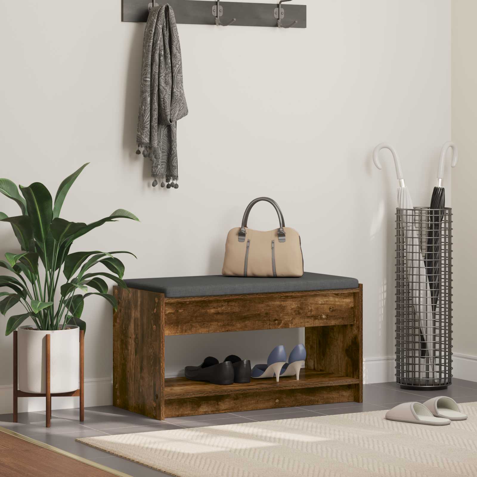 Előtér pad füstölt tölgy 83 x 38 x 45 cm műanyag fa és szövet