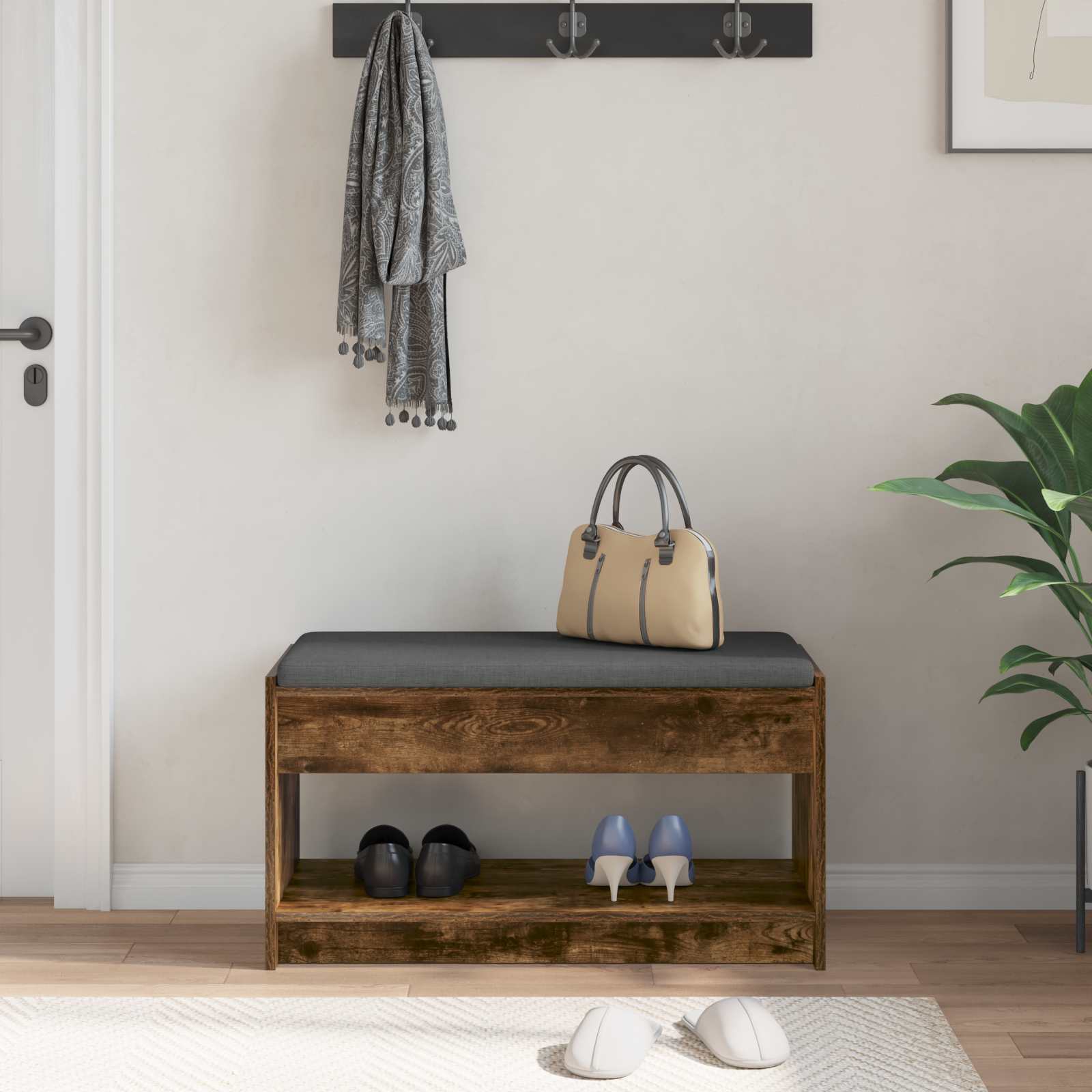 Előtér pad füstölt tölgy 83 x 38 x 45 cm műanyag fa és szövet