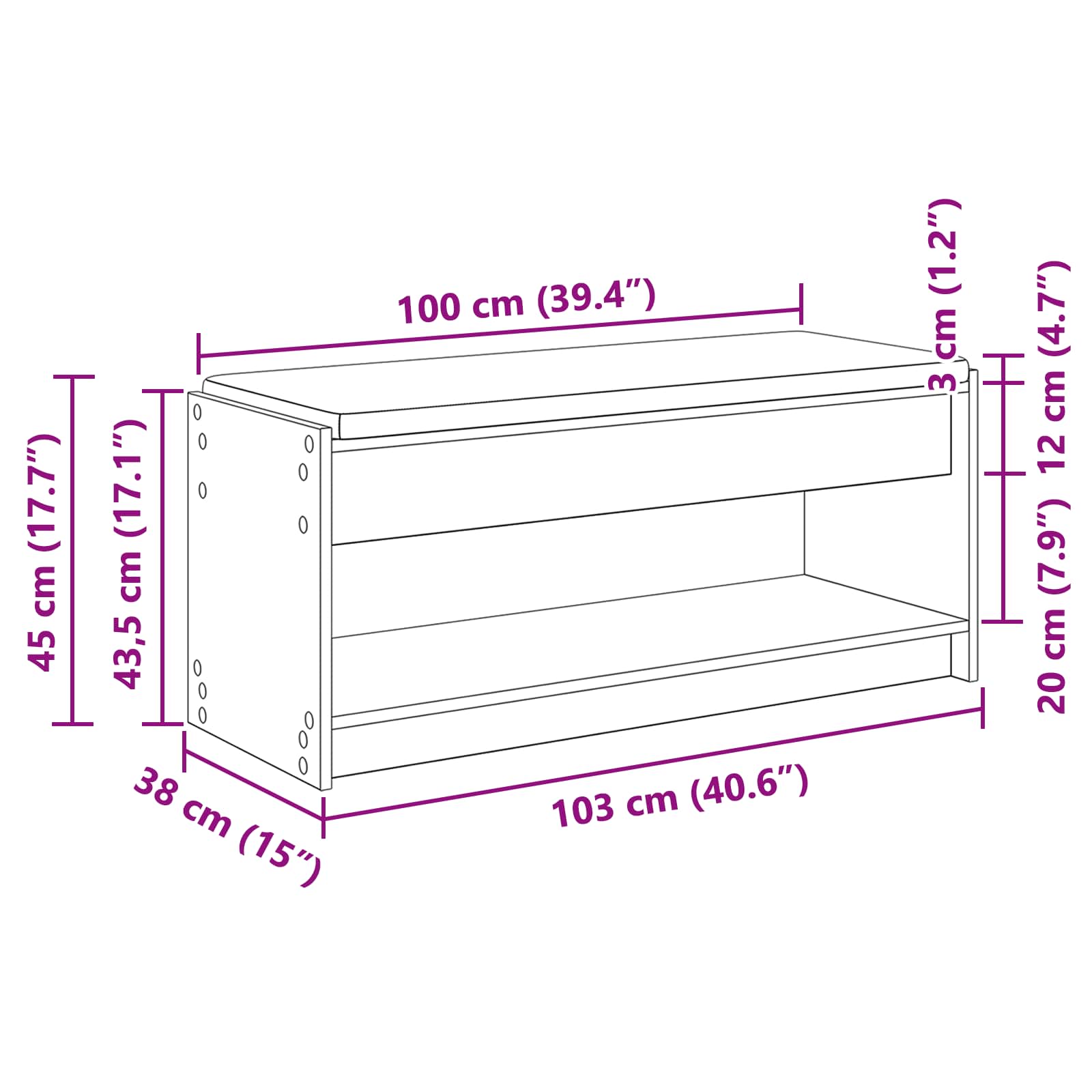 Előtér pad párnával polcokkal sonoma tölgy 100 x 38 x 46 cm
