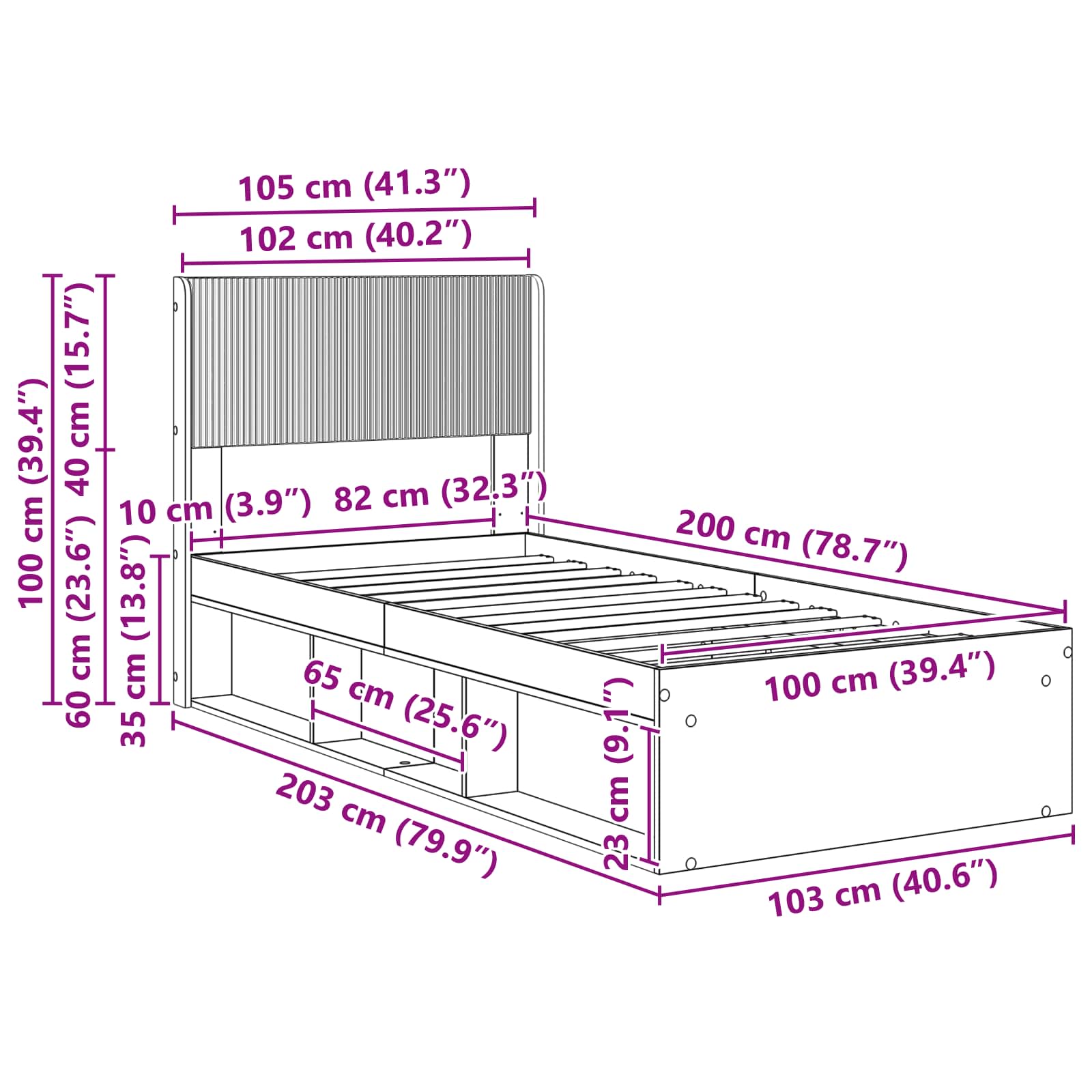 Ágykeret tárolóval és fejtámlával kézműves tölgy 100 x 200 cm