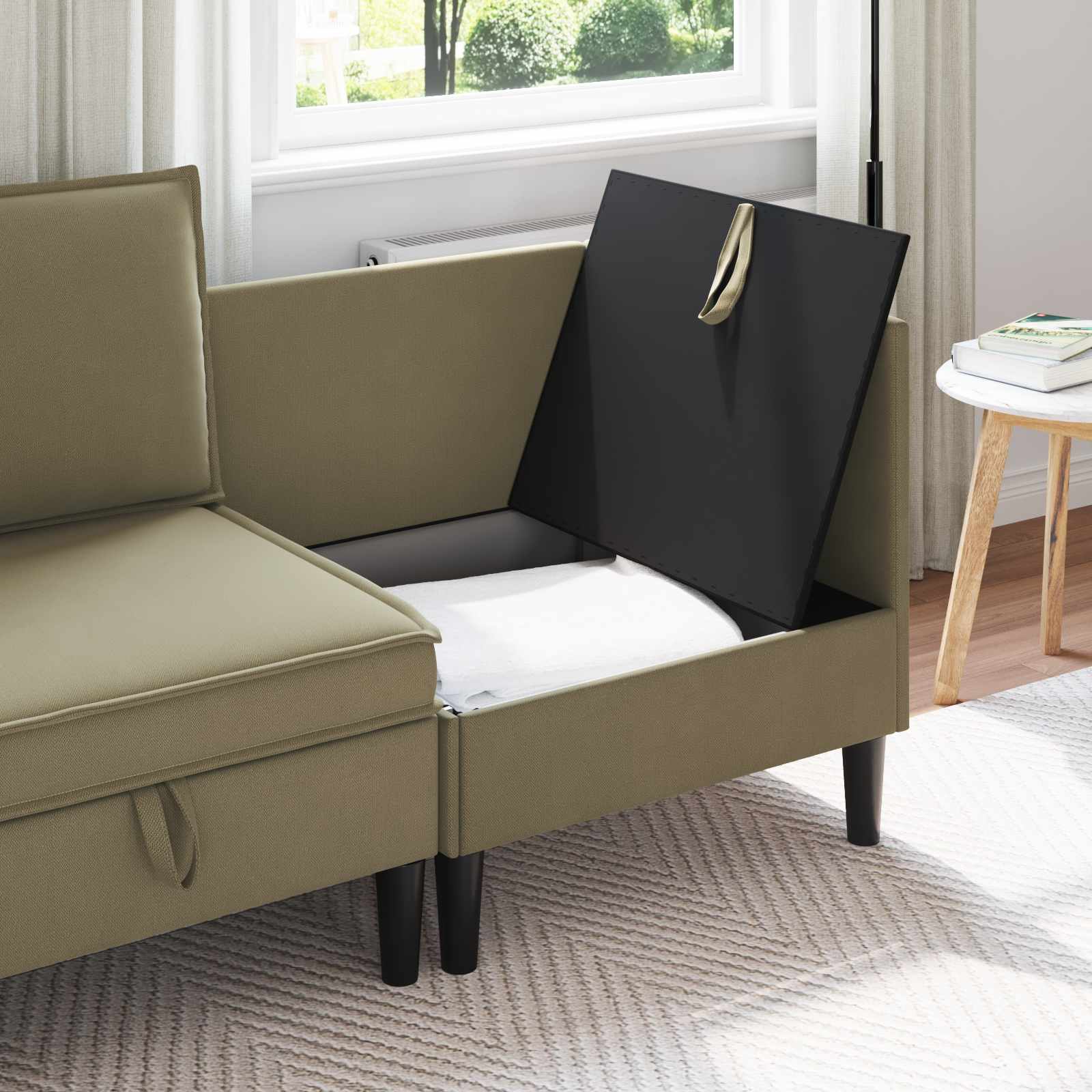 Sarok sofa tárolóval khaki bársony