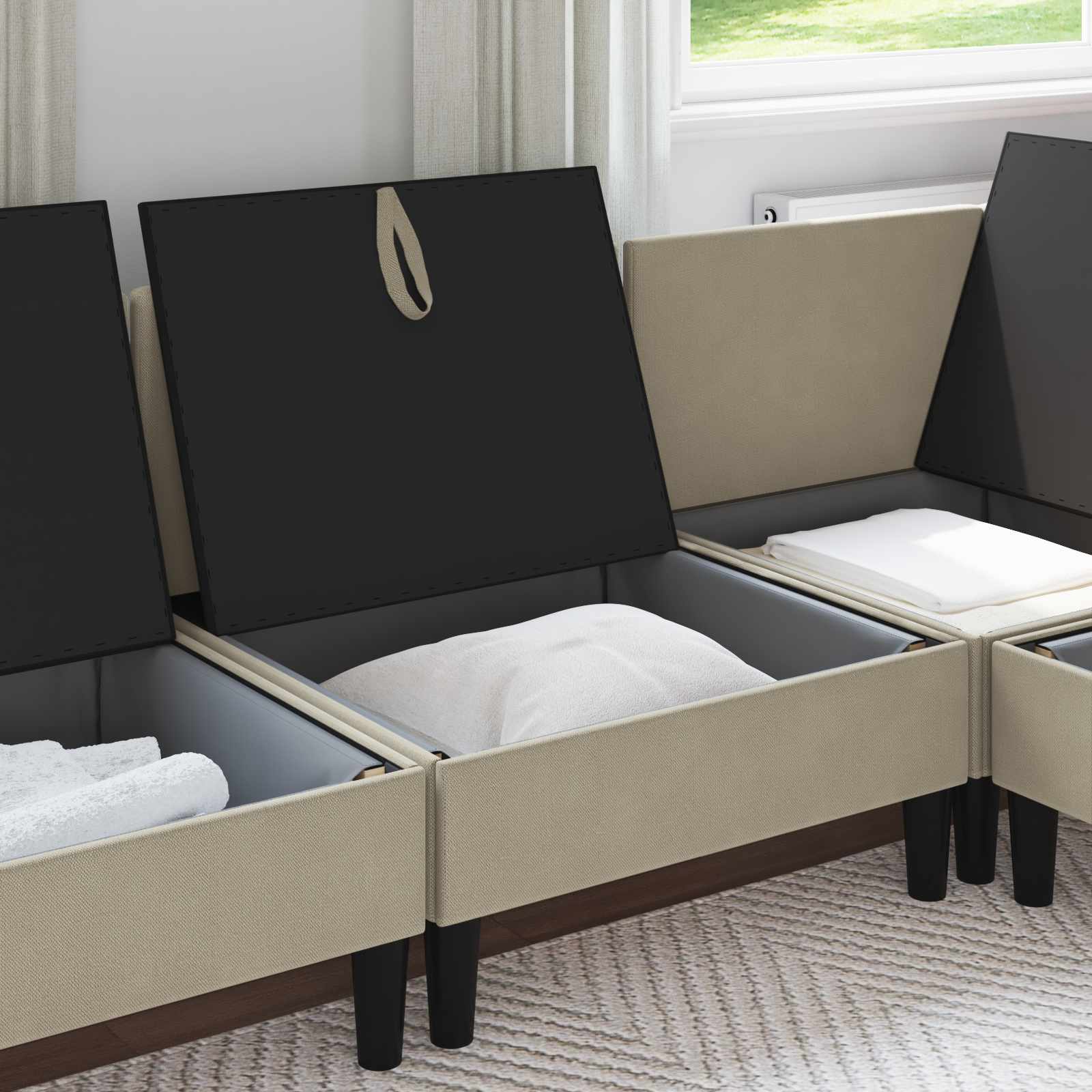 Középső sofa tárolóval homokszín bársony