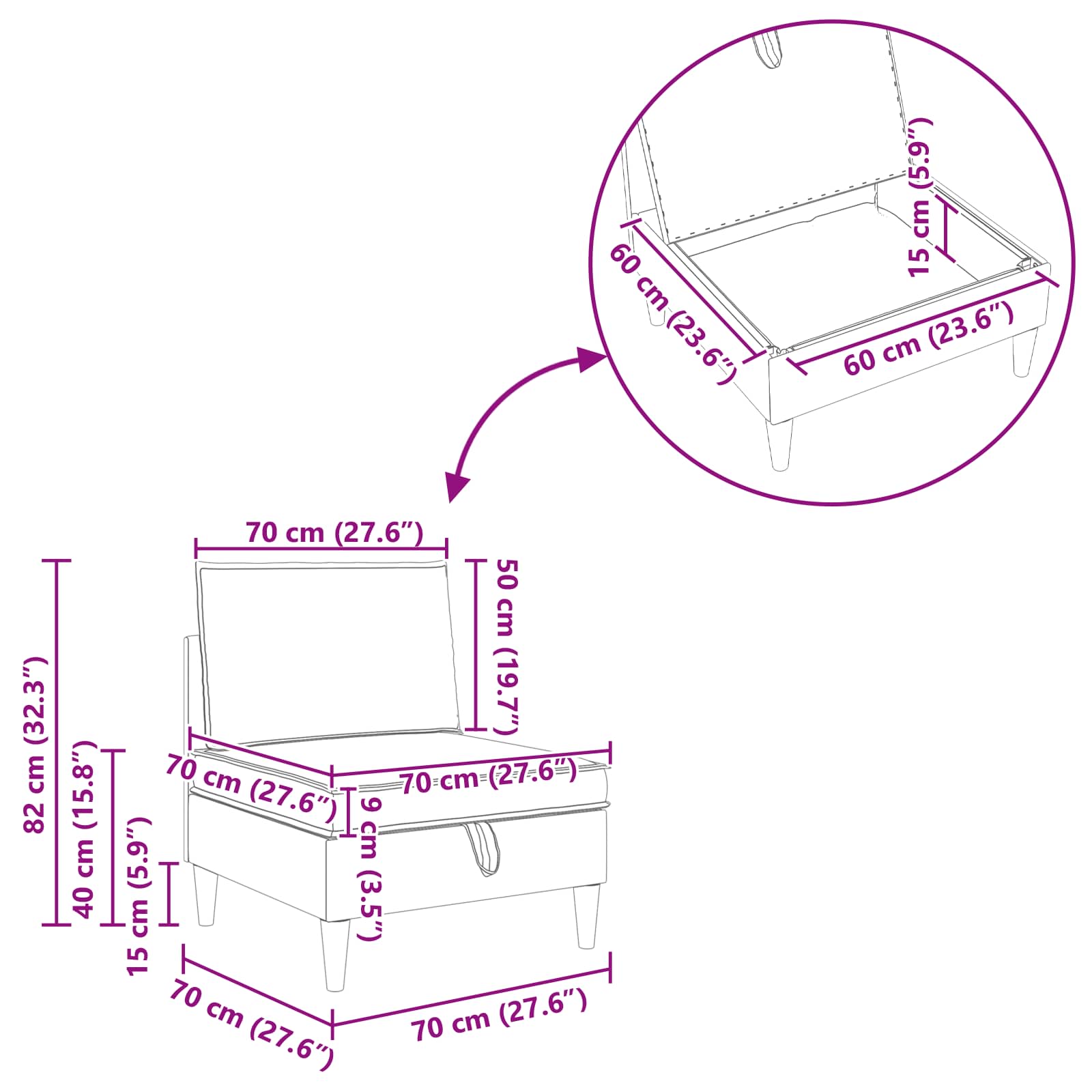 Középső sofa tárolóval homokszín bársony