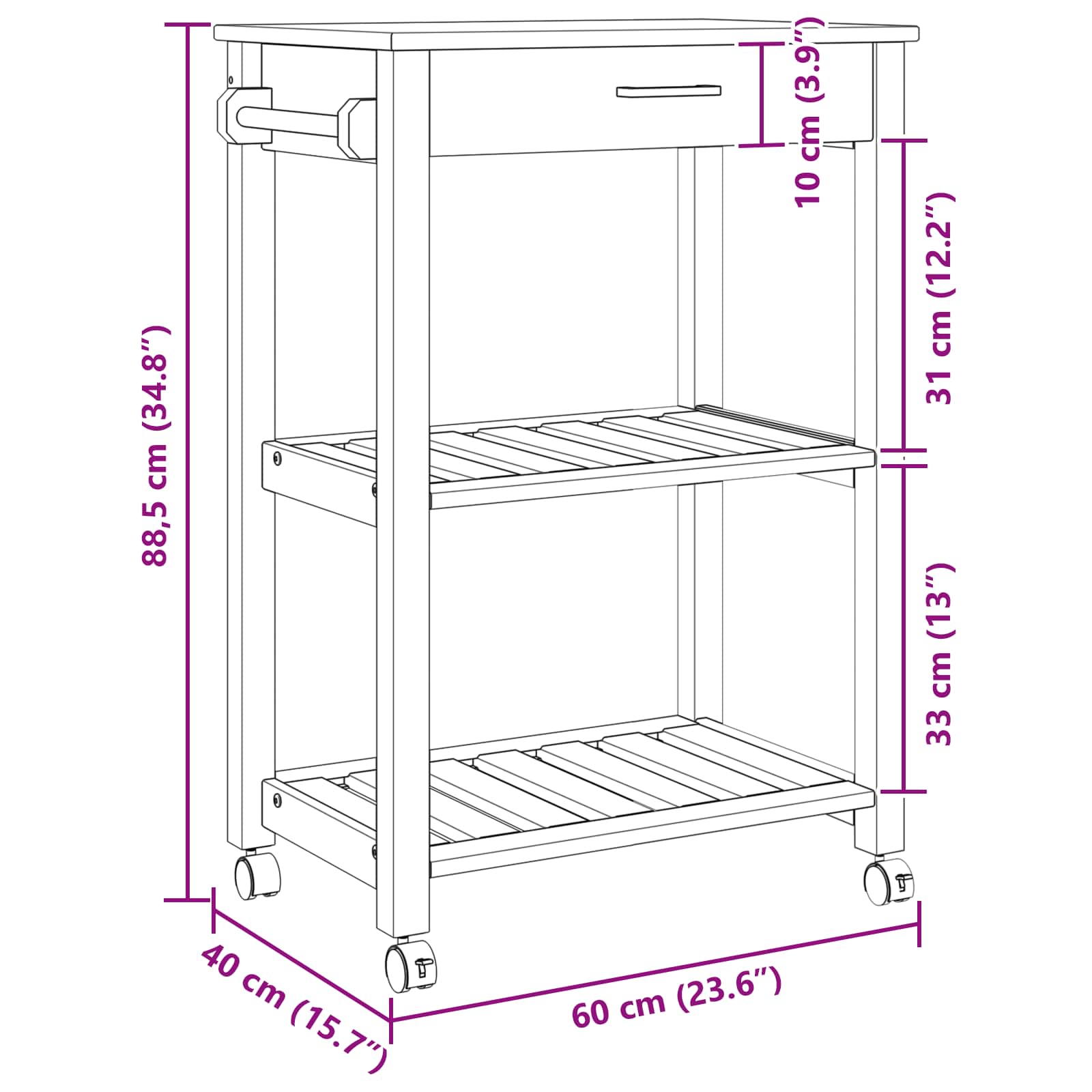 Konyhai kocsi egyszínű fekete 88.5 x 40 x 84 cm
