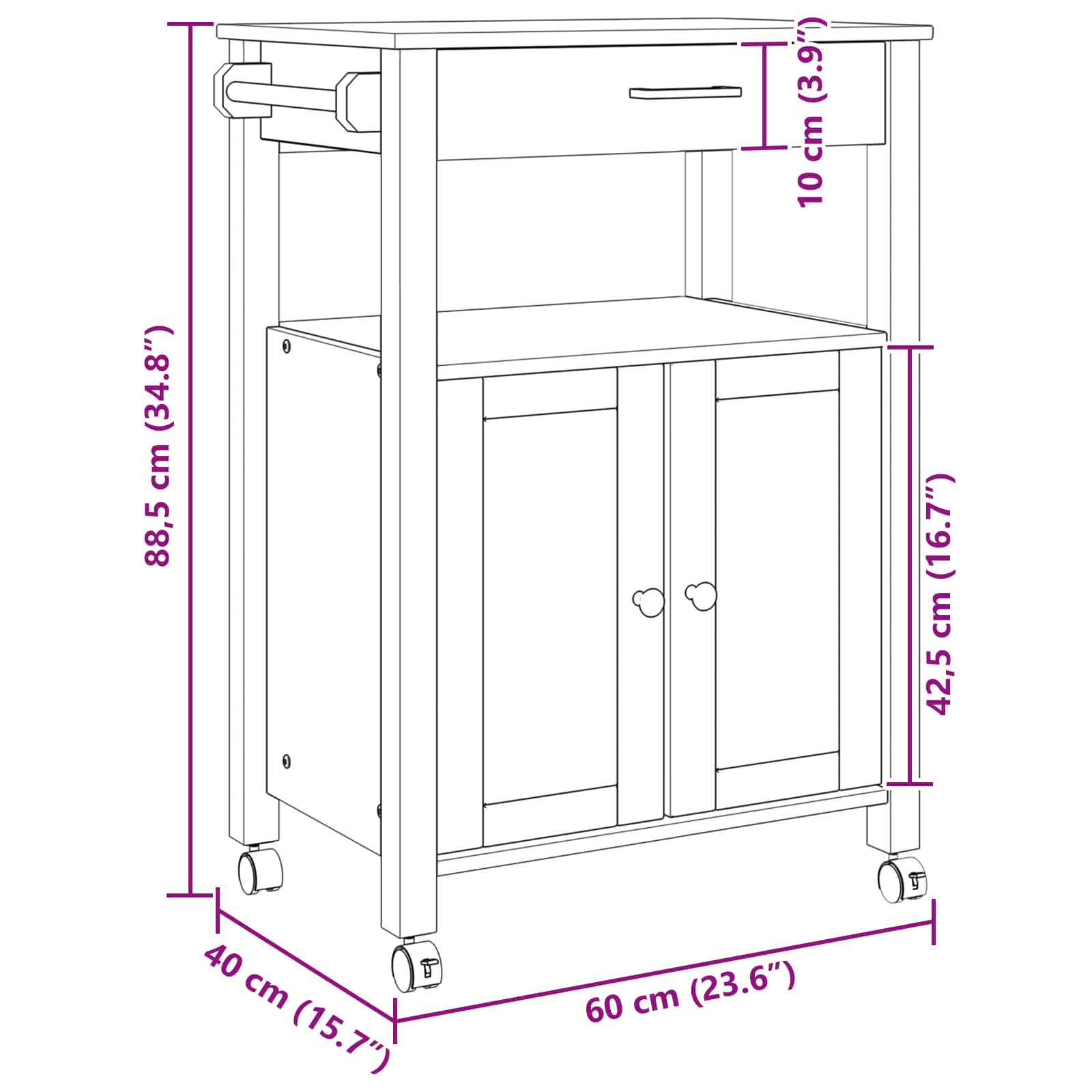 Konyhai kocsi egyszínű fekete 88,5 x 40 x 60 cm