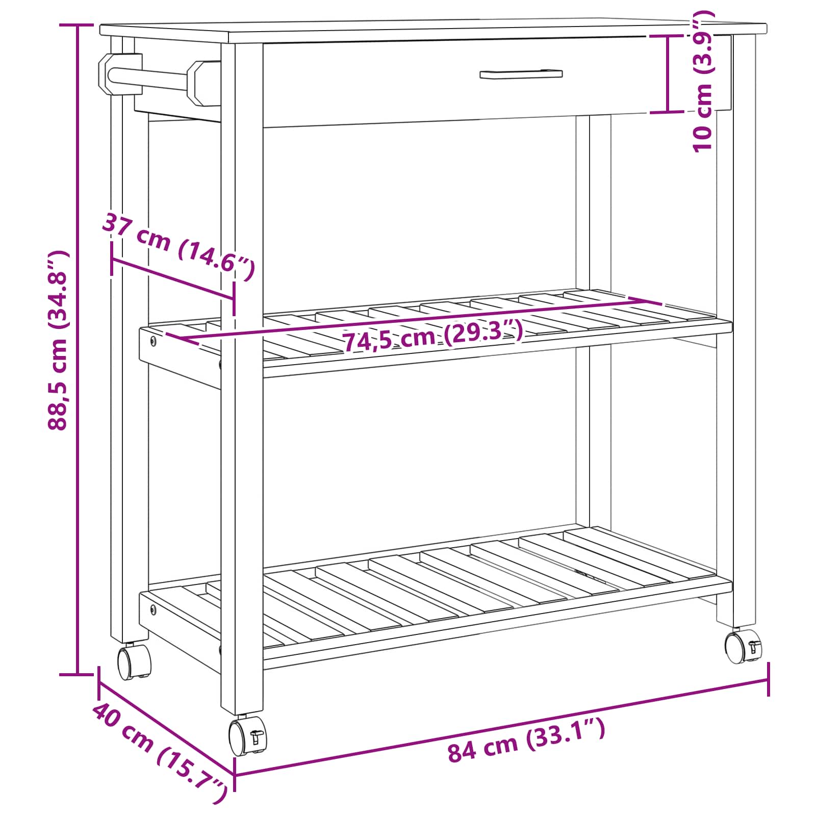 Konyhai kocsi egyszínű fekete 88.5 x 40 x 84 cm