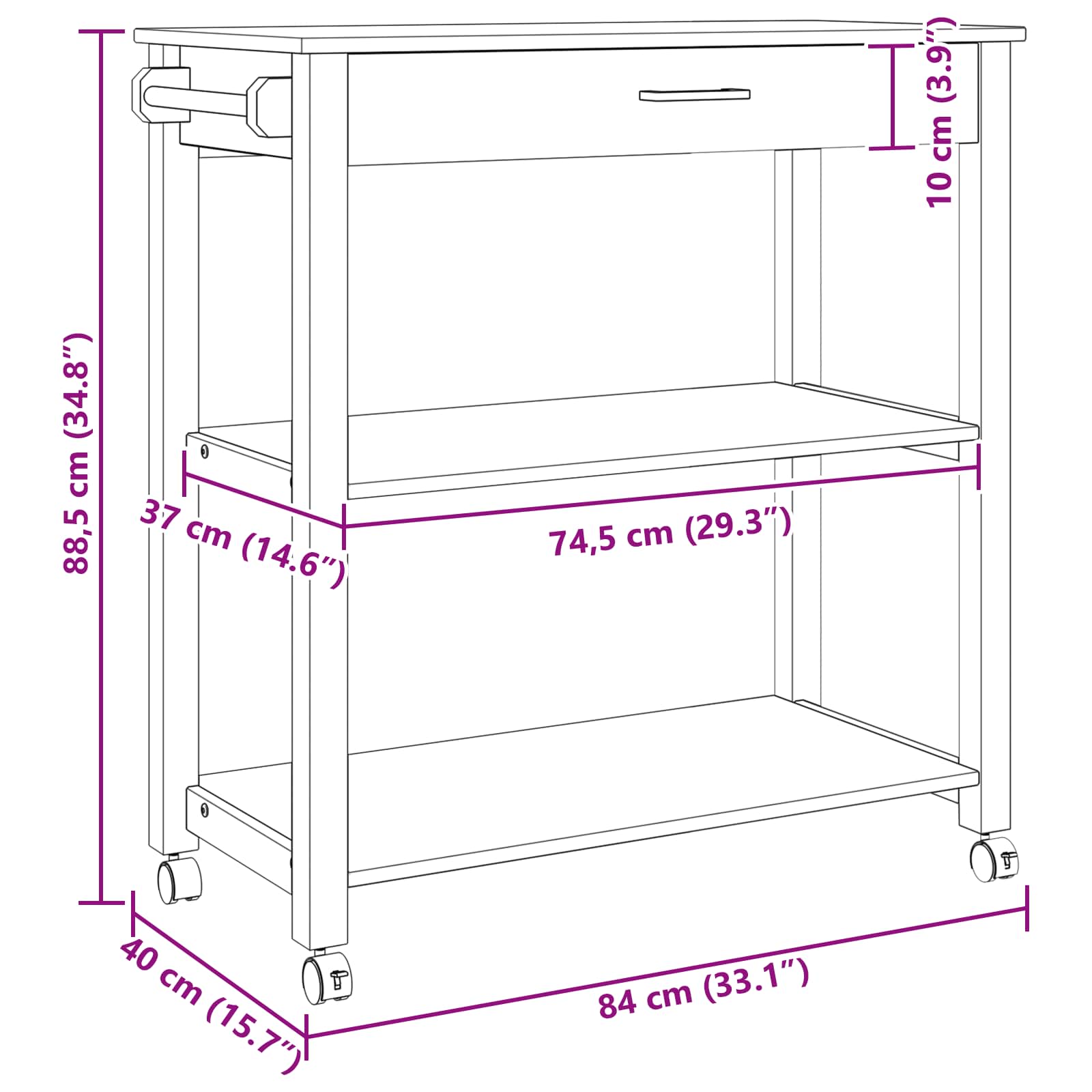 Konyhai kocsi egyszínű fekete 88,5 x 40 x 48 cm