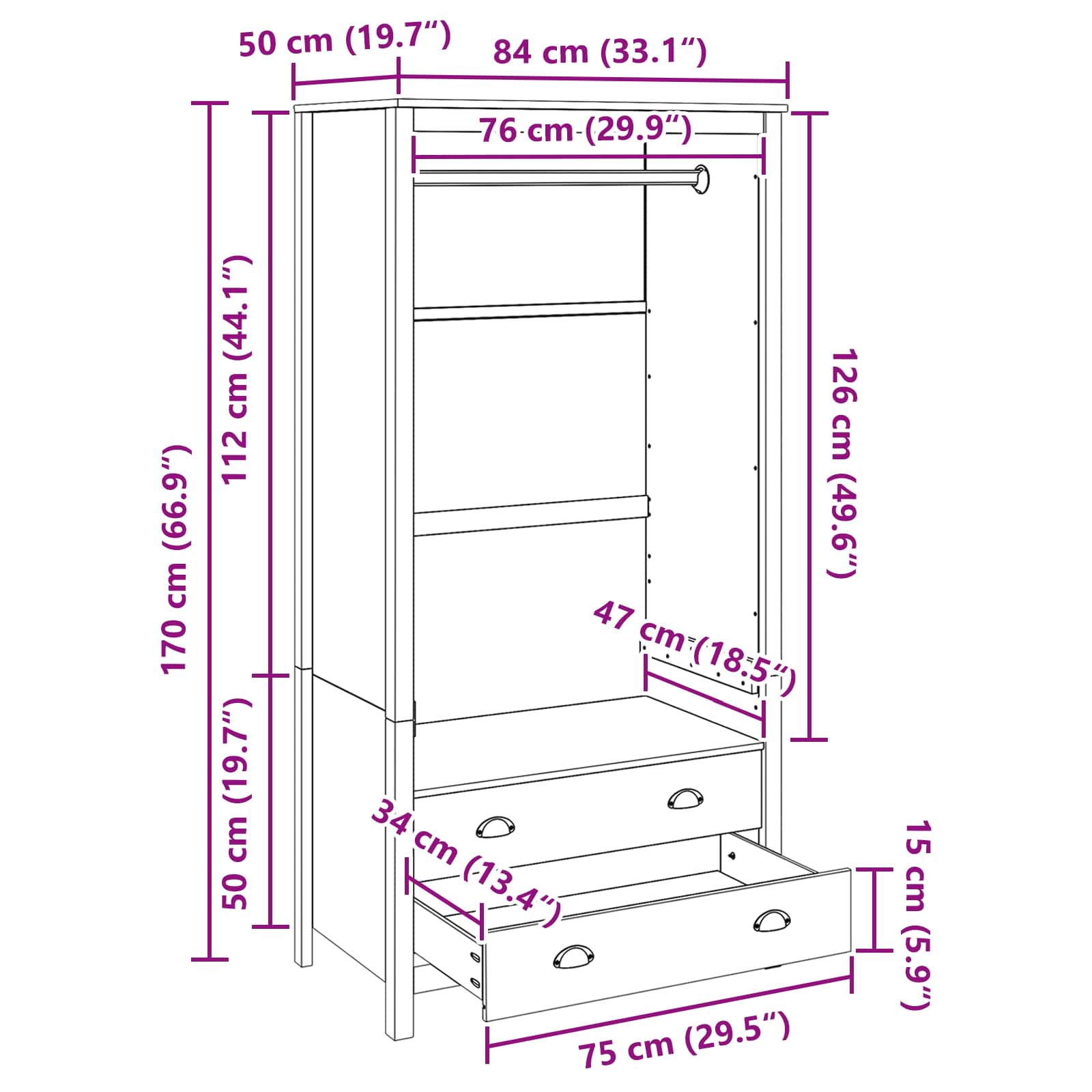 Ruhásszekrény fiókkal méz barna 84 x 50 x 170 cm tömör fenyőfa