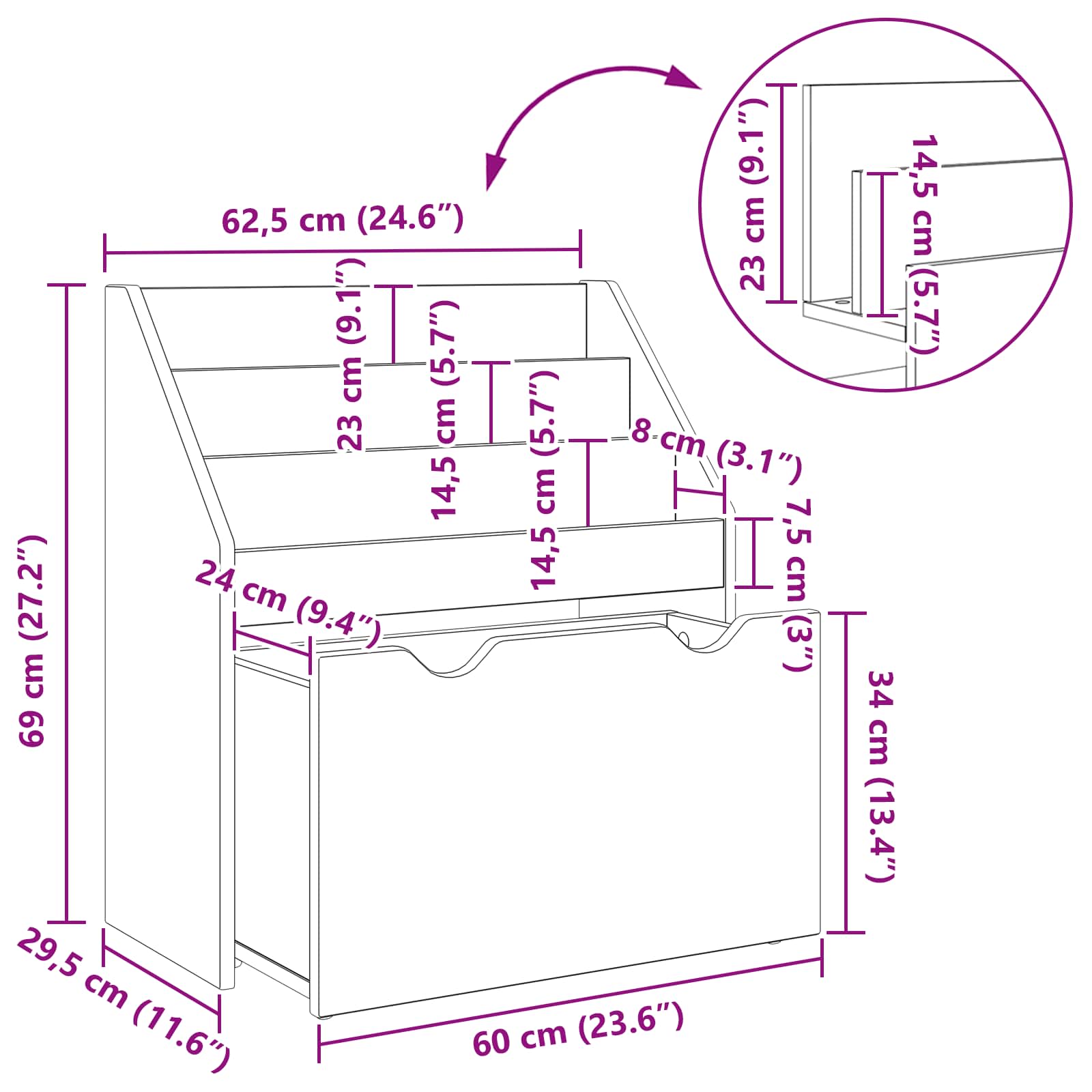 Gyerek könyvespolc fiókkal öreg fa 60 x 29,5 x 69 cm faanyag