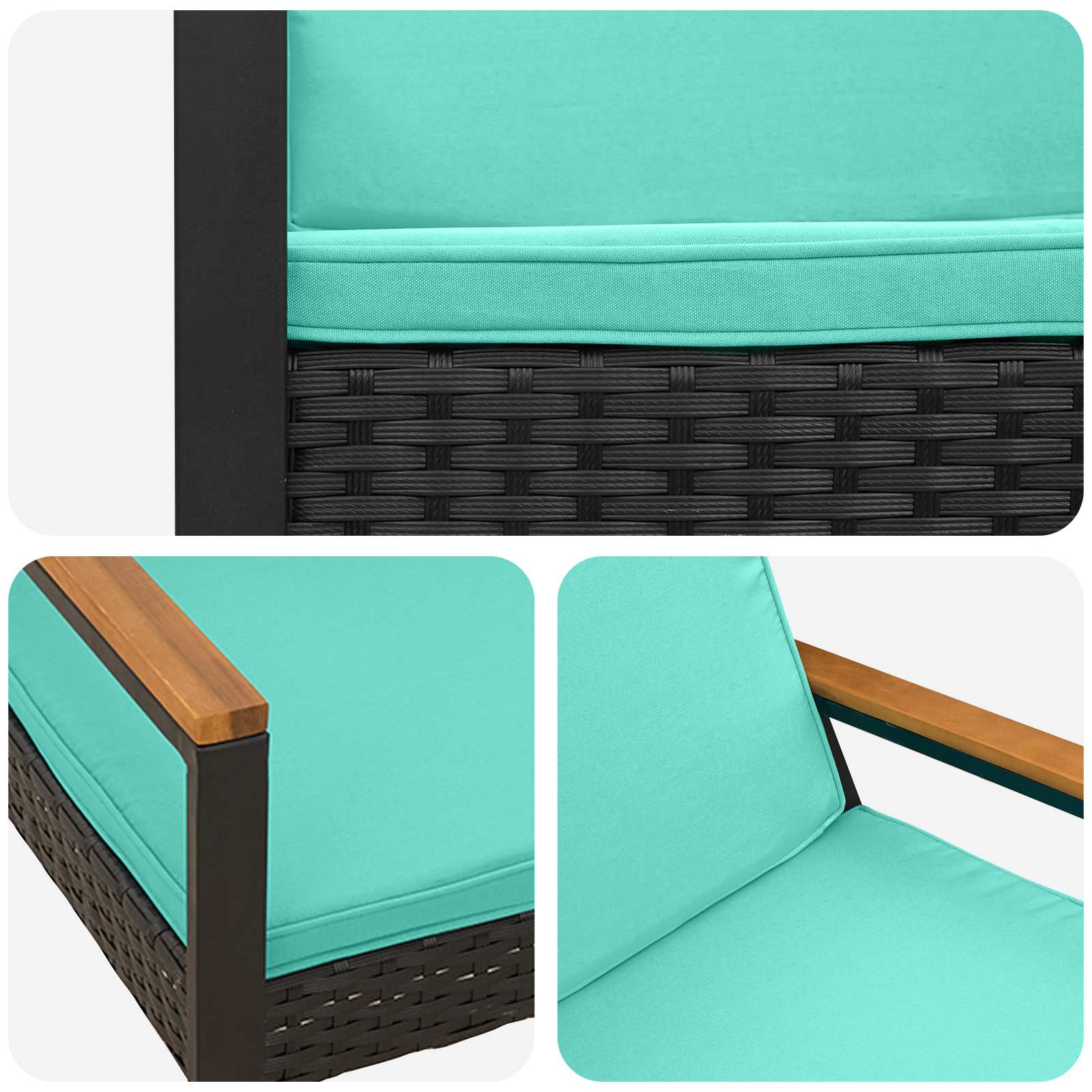 Kerti pad párnával fekete és türkiz 107 x 61 x 80 cm polirattan