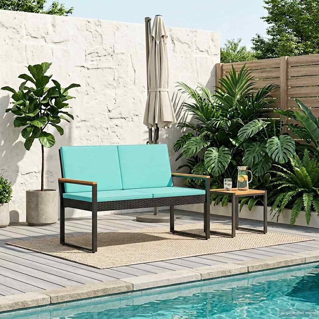 Kerti pad párnával fekete és türkiz 107 x 61 x 80 cm polirattan