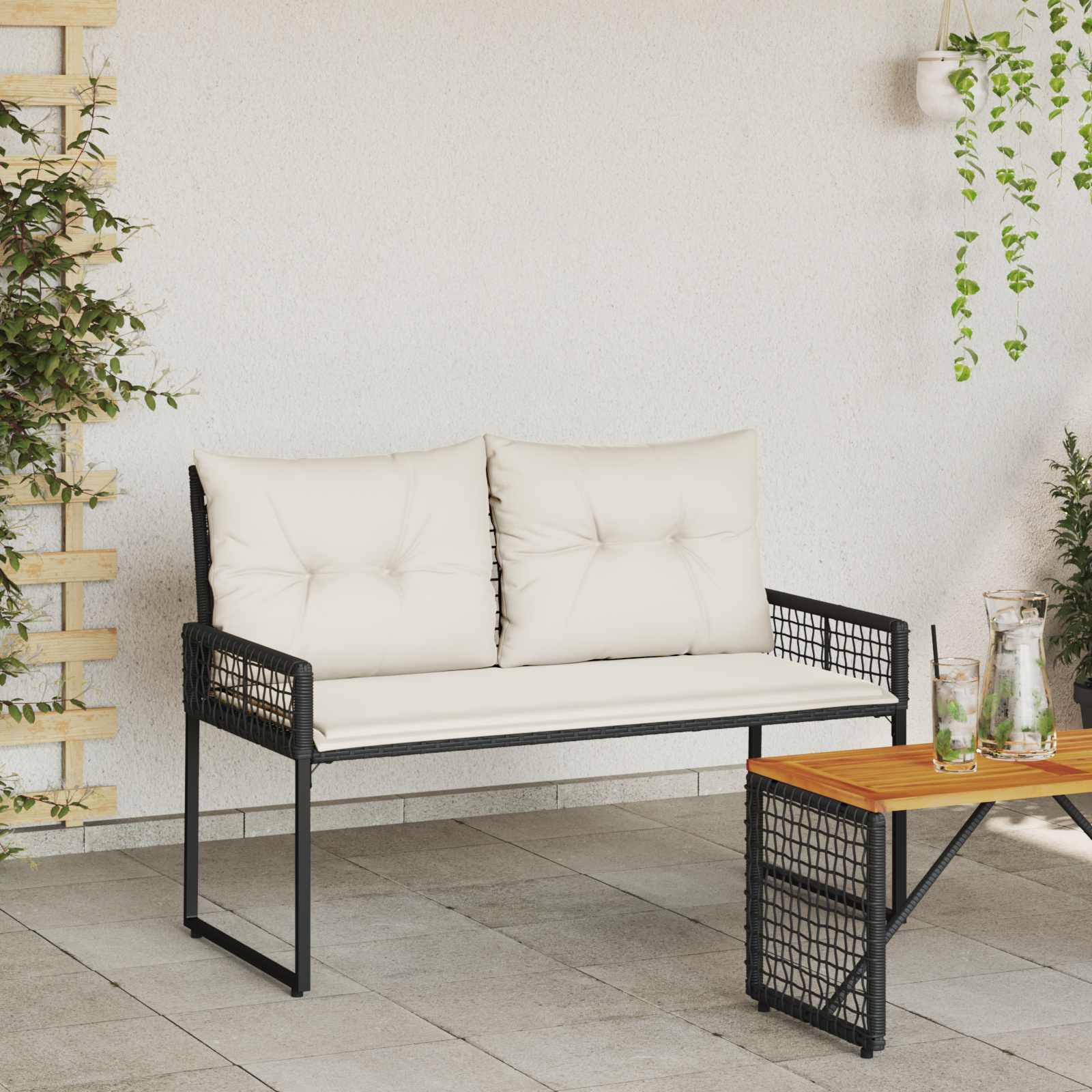 Kerti pad párnával fekete és krémfehér 118 x 55 x 82 cm