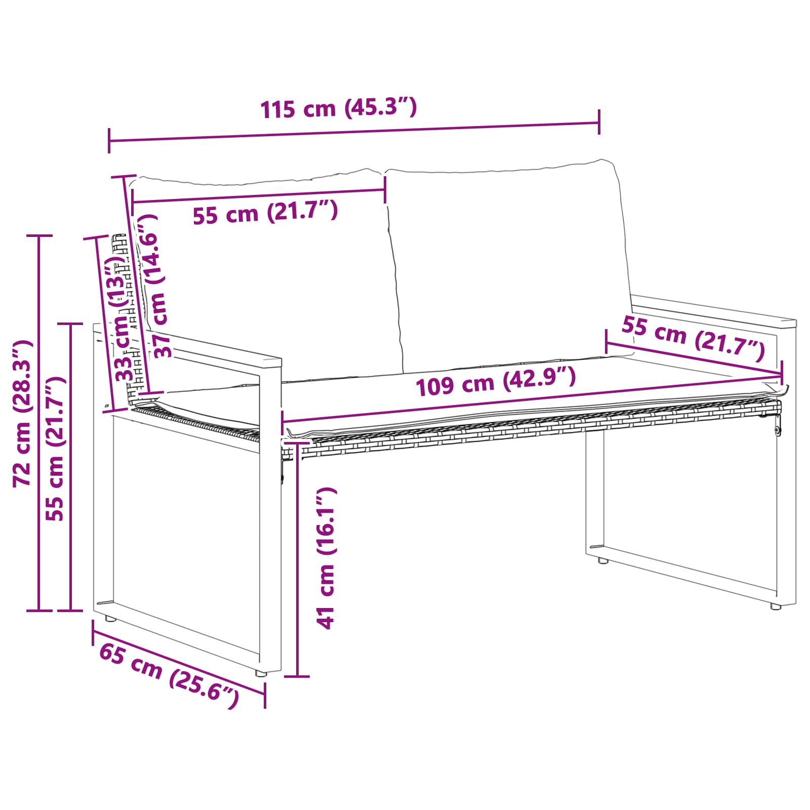 Pad párnával fekete és krémfehér 115 x 65 x 72 cm rattan