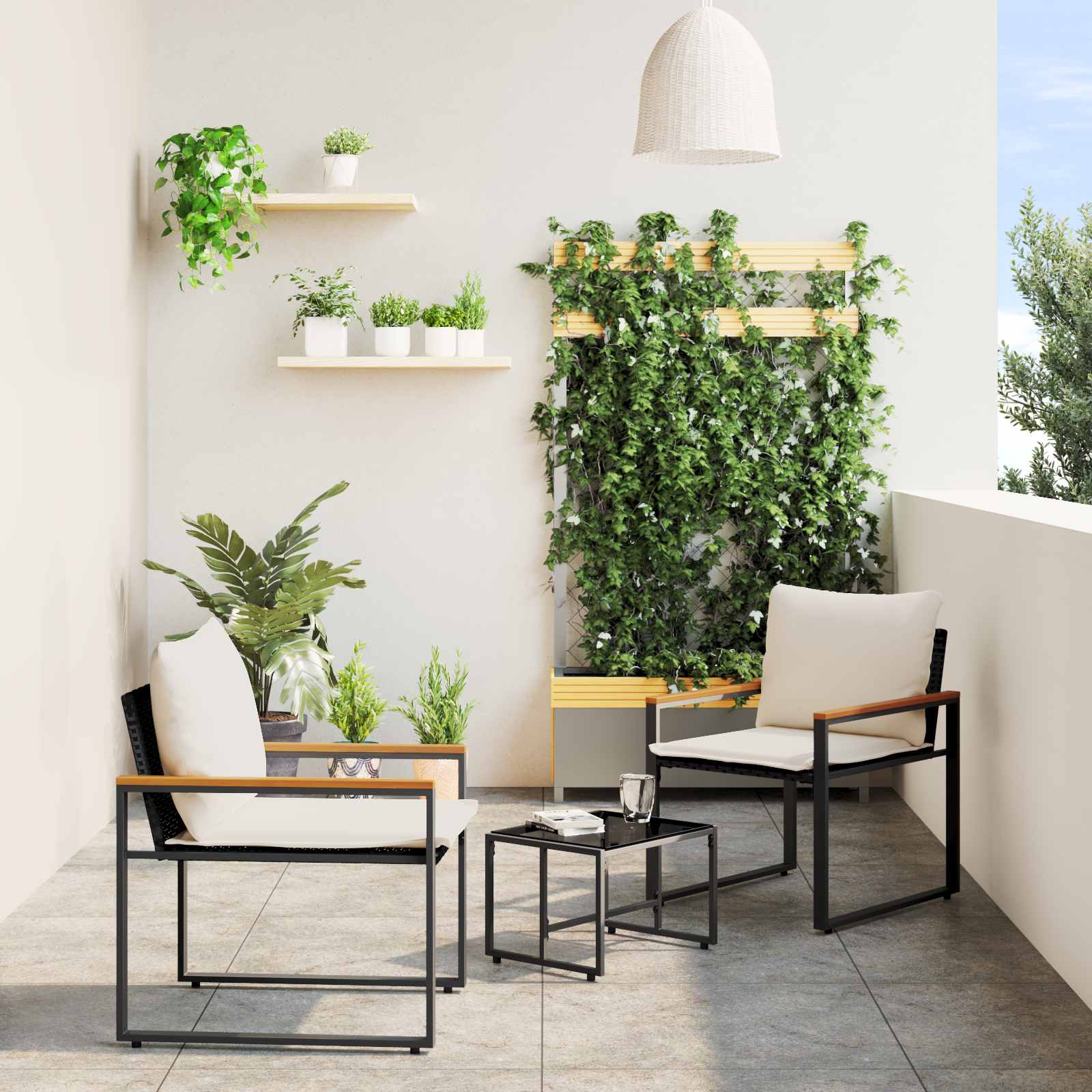 Bútor szettek párnával 3 pcs fekete és krémfehér rattan