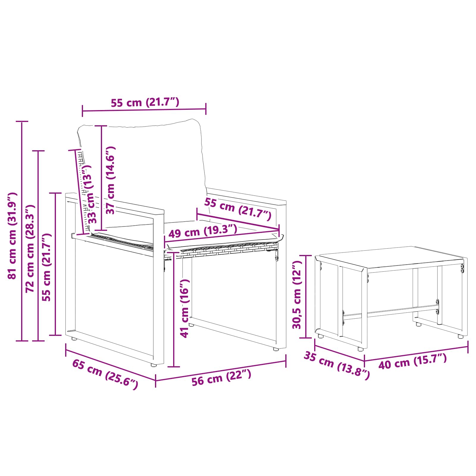Bútor szettek párnával 3 pcs fekete és krémfehér rattan