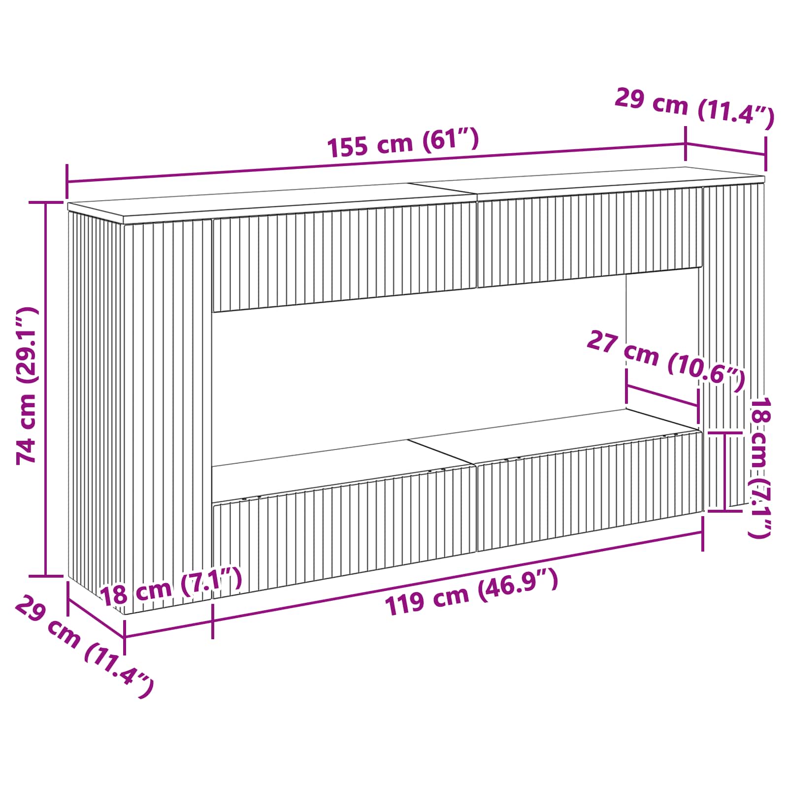Konzolasztal csíkos szürke sonoma 155 x 29 x 74 cm mérnöki fa