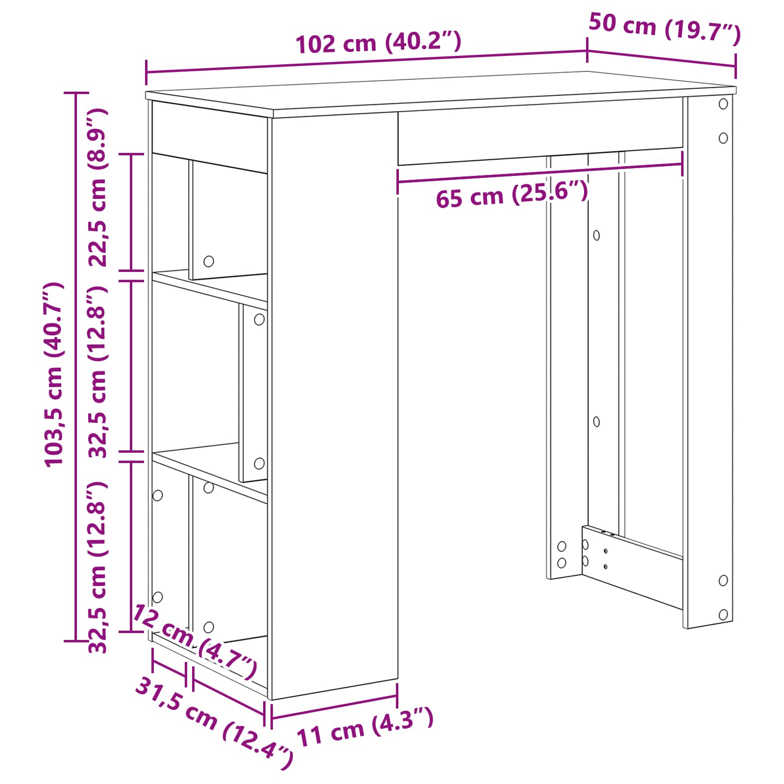 Bárasztal polcokkal fekete tölgy 102 x 50 x 103,5 cm faanyag