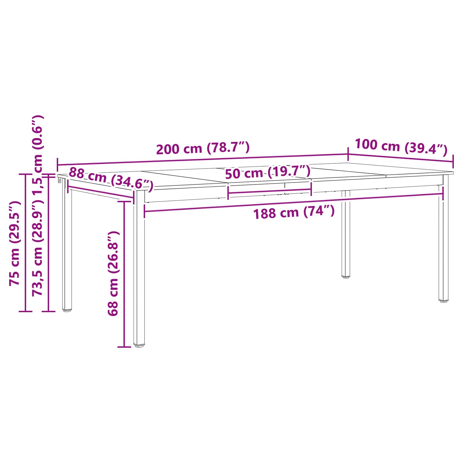 Étkezőasztal természetes 200 x 100 x 75 cm tömör fenyőfa