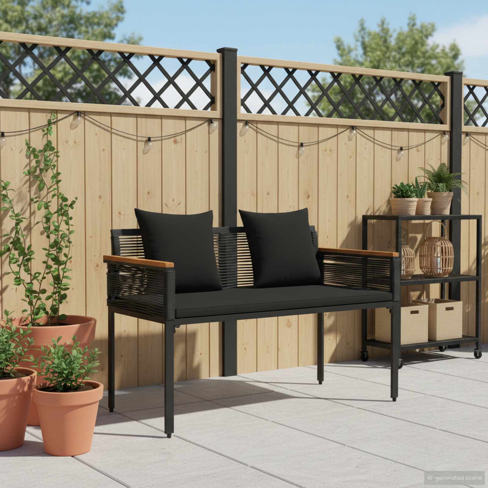 Kerti pad párnával fekete 117 x 54 x 74.5 cm polirattan