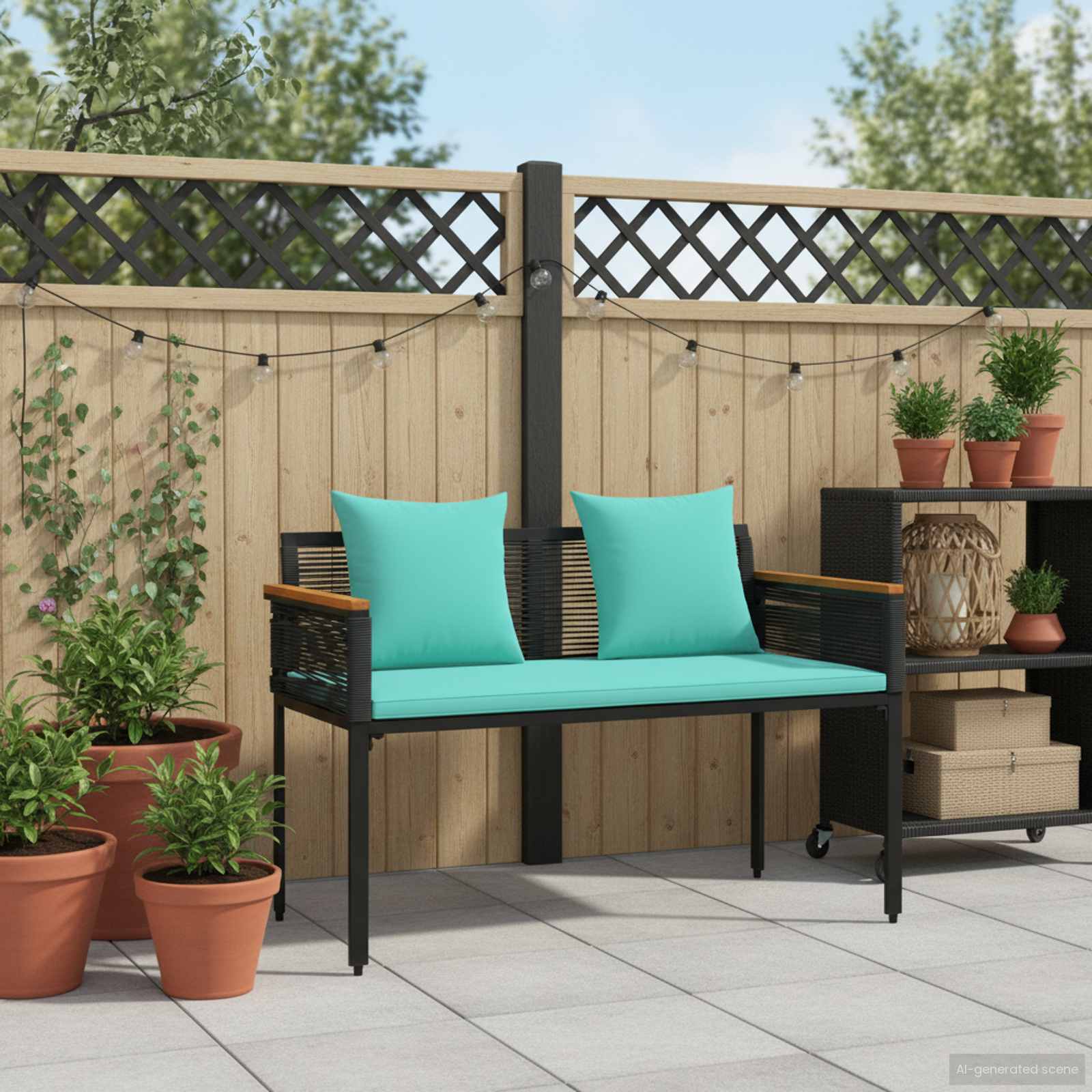 Kerti pad fekete és türkiz 117 x 54 x 74.5 cm polirattan