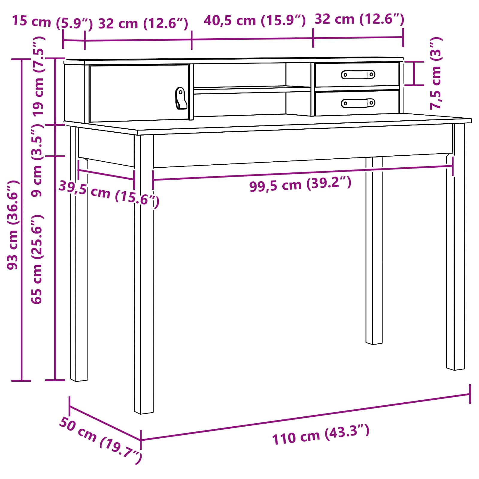 Asztal fiókkal faggyú barna 110 x 50 x 93 cm szilárd fenyőfa