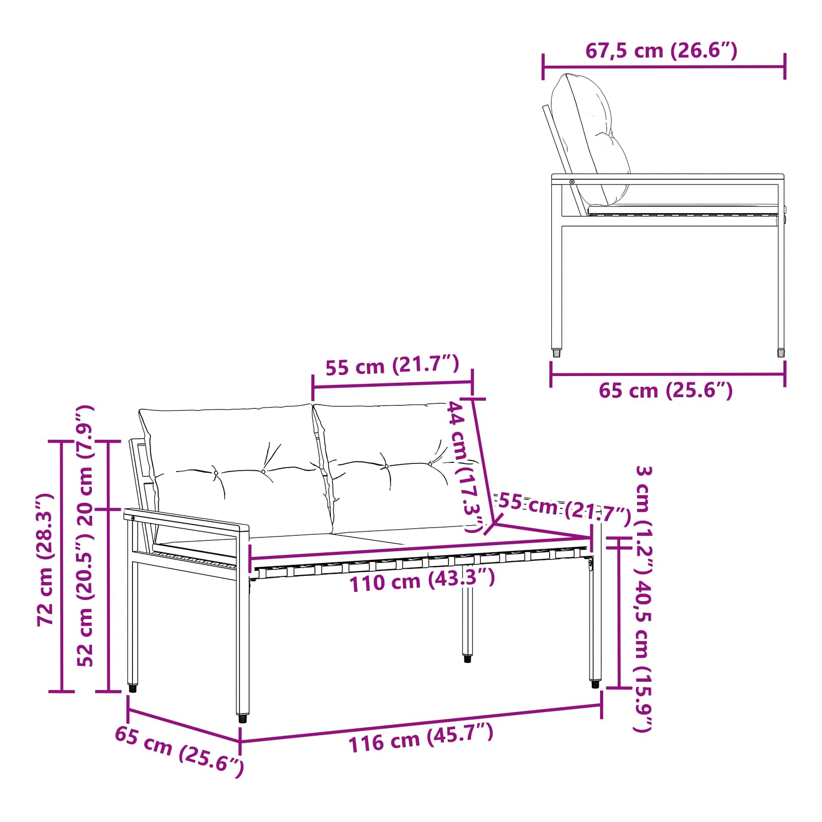 Kerti pad 2 -seater 116 x 67,5 x 72 cm polirattan krémfehér