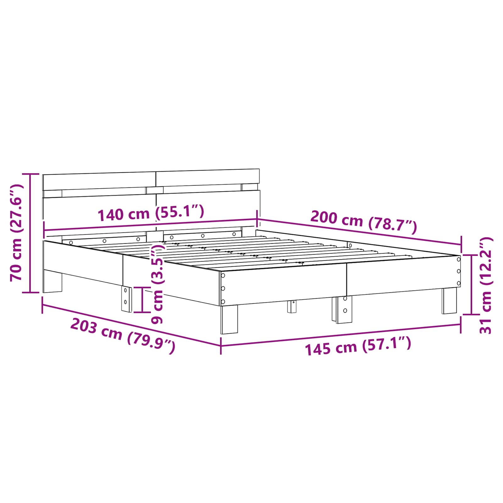 Ágykeret fejtámlával artisan tölgy 140 x 200 cm faanyag