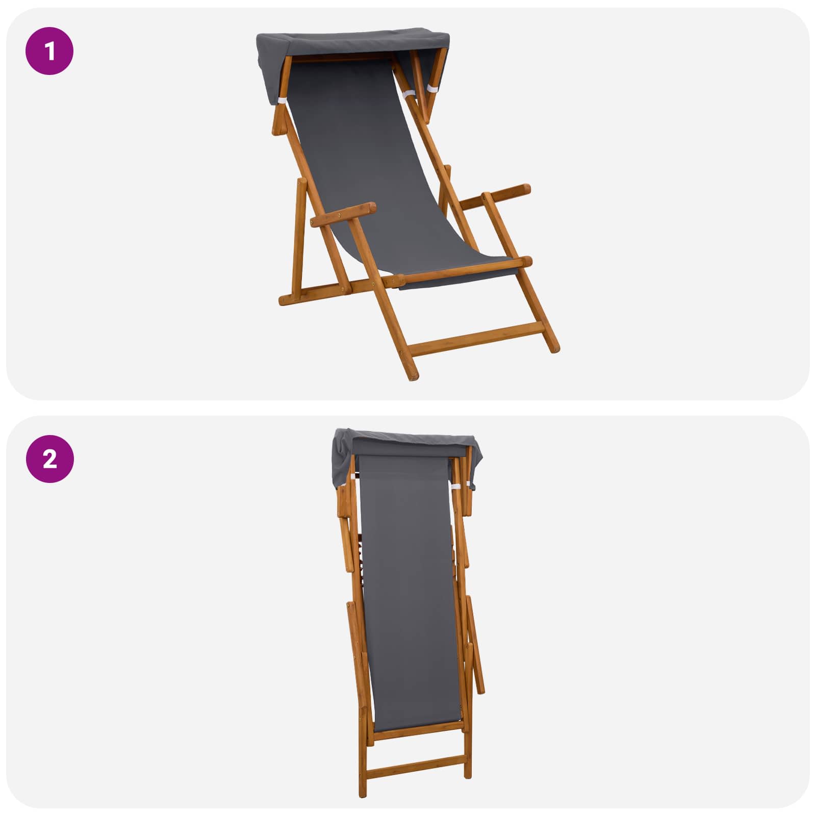 Hintaágy 2 pcs 3 pozíció tömör eukaliptusz fa szürke