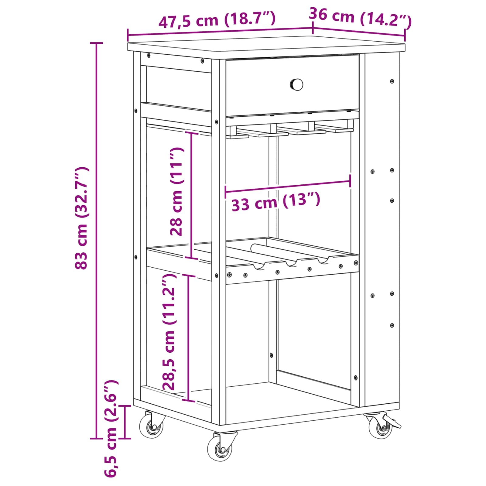 Konyhai kocsi kerekekkel természetes 47,5 x 36 x 83 cm bambusz