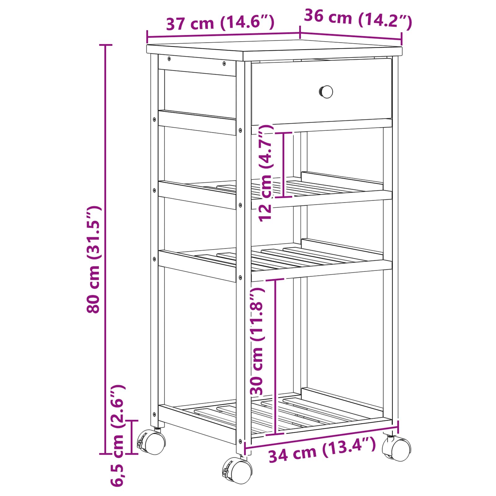 Konyhai kocsi kerekekkel természetes 37 x 36 x 80 cm bambusz