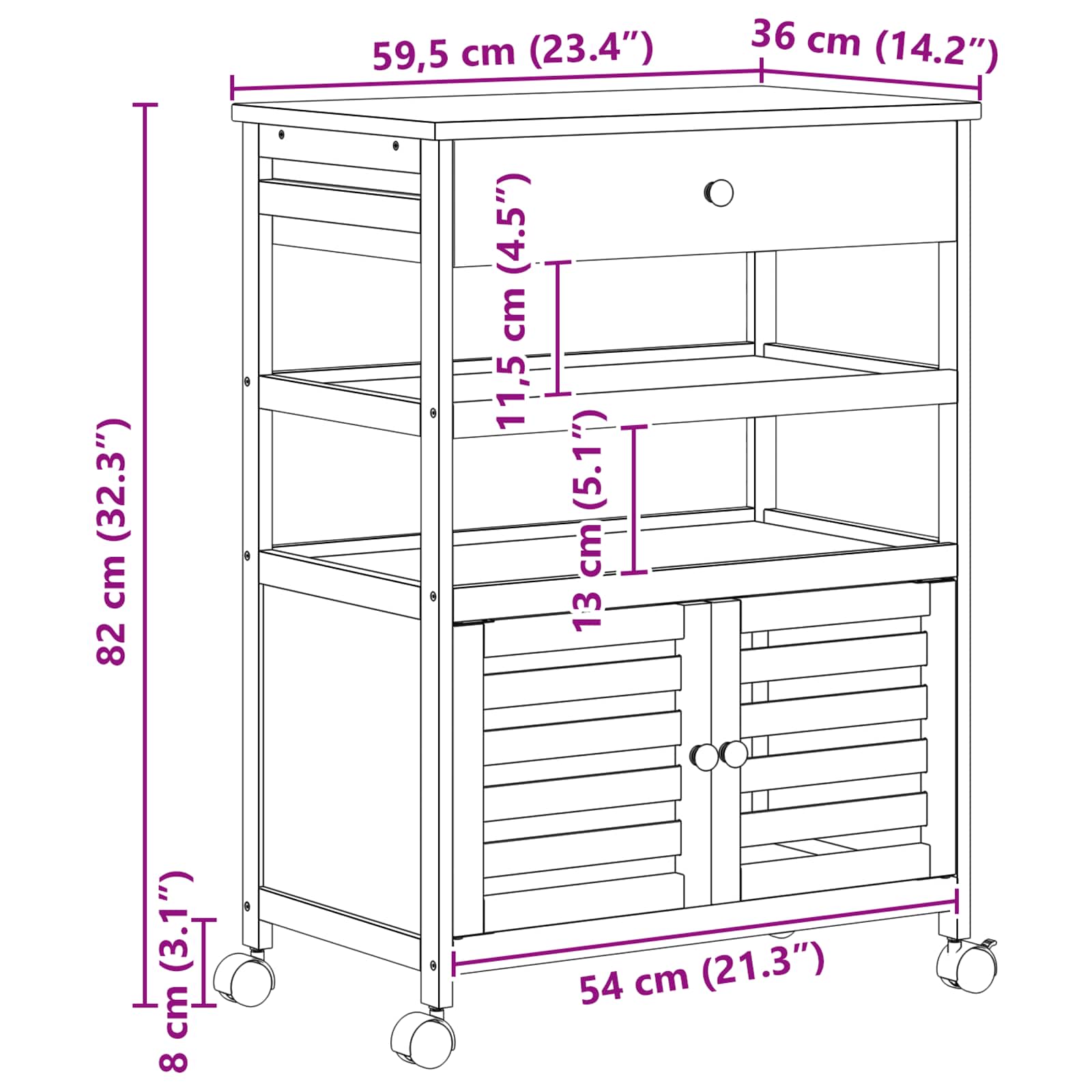 Konyhai kocsi kerekekkel természetes 59,5 x 36 x 82 cm bambusz