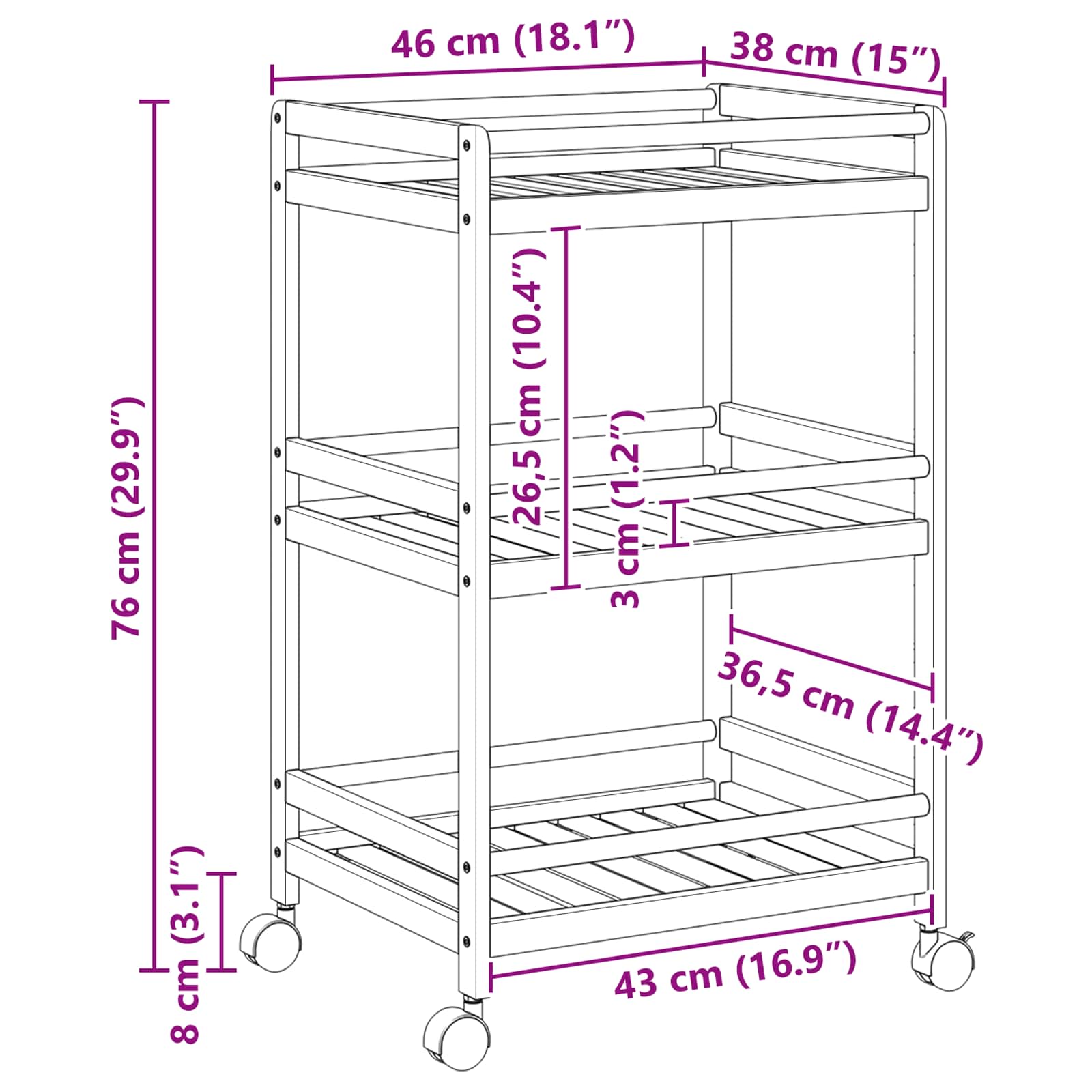 Konyhai kocsi kerekekkel természetes 46 x 38 x 76 cm bambusz